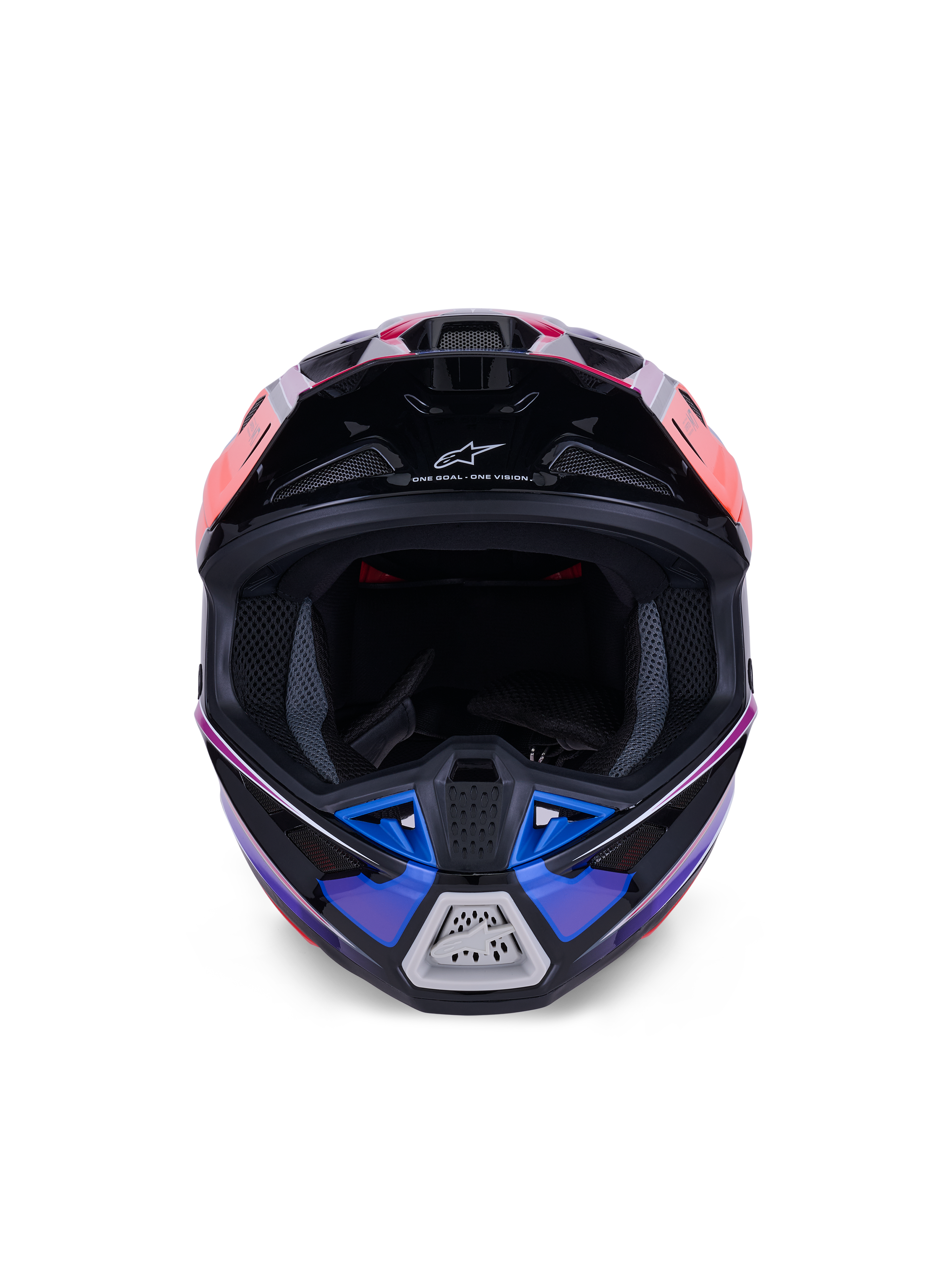 Alpinestars S-M7 Fuse-hjälm, motocrosshjälm, blå, lila och rosa i glansigt utförande, vy framifrån som visar siktöppningen och det ventilerade hakskyddet, med svarta accenter och Alpinestars-logotyp, aerodynamisk design för terrängracing
