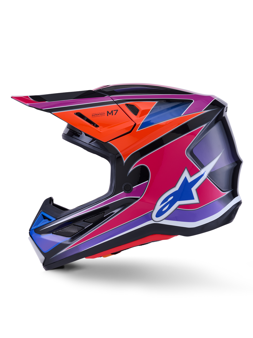 Alpinestars S-M7 Fuse-hjälm, motocrosshjälm, blå, lila, rosa och orange i glansig finish, livfull flerfärgad grafisk design med blå Alpinestars-logotyp, aerodynamiskt kompositskal med skyddande visir och ventilationsportar, professionell racingutrustning för terrängkörning