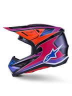 Alpinestars S-M7 Fuse-hjälm, motocrosshjälm, blå, lila, rosa och orange i glansig finish, livfull flerfärgad grafisk design med blå Alpinestars-logotyp, aerodynamiskt kompositskal med skyddande visir och ventilationsportar, professionell racingutrustning för terrängkörning