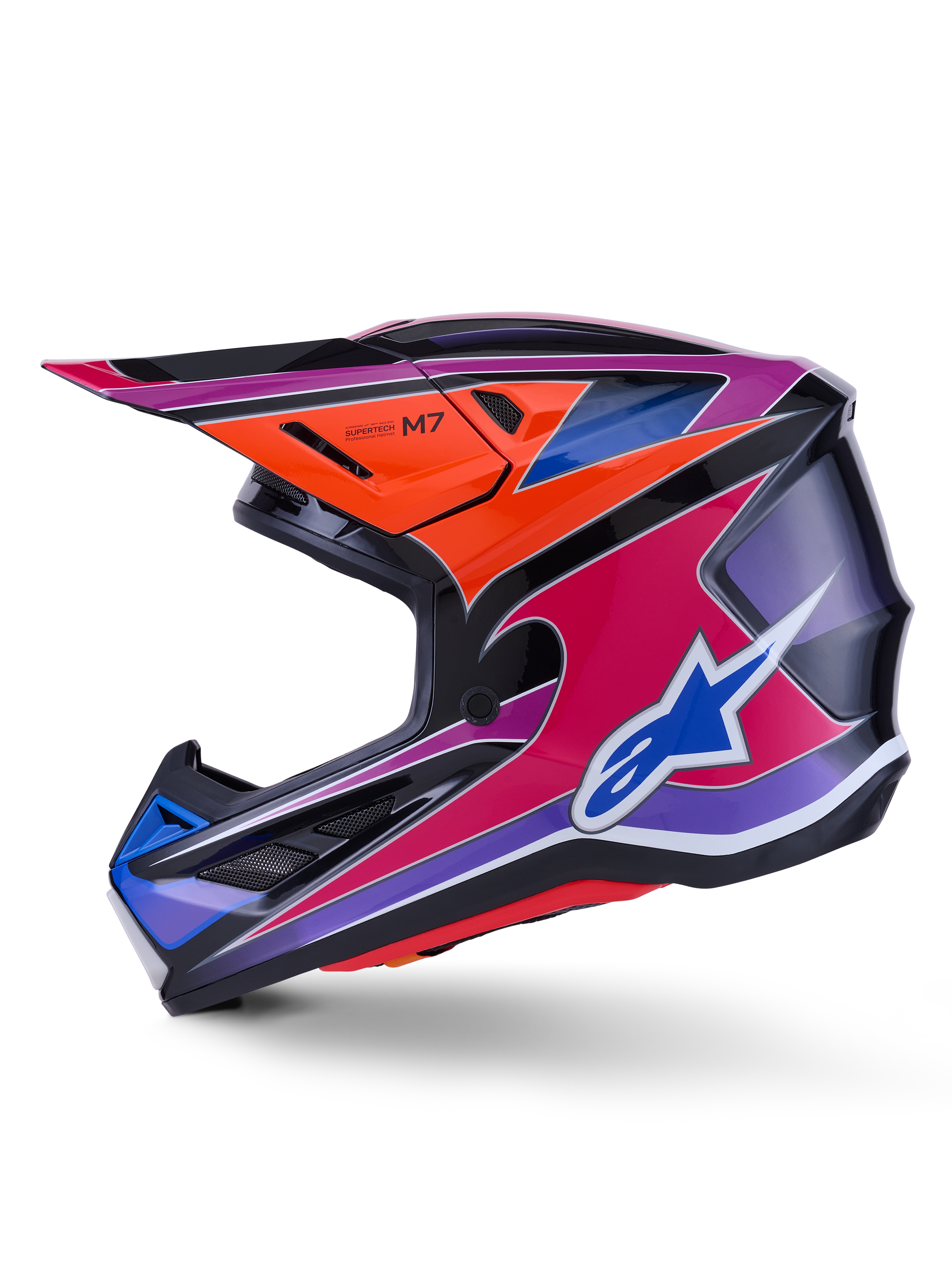 Alpinestars S-M7 Fuse-hjälm, motocrosshjälm, blå, lila, rosa och orange i glansig finish, livfull flerfärgad grafisk design med blå Alpinestars-logotyp, aerodynamiskt kompositskal med skyddande visir och ventilationsportar, professionell racingutrustning för terrängkörning