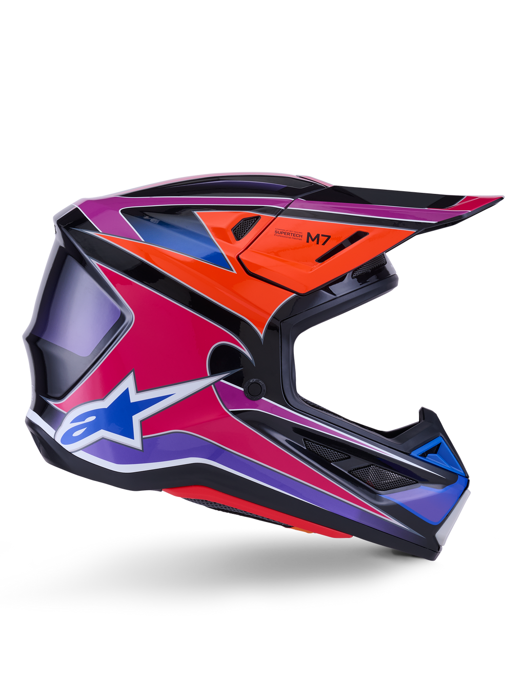 Alpinestars S-M7 Fuse hjälm, motocrosshjälm, blå, lila och rosa högblank, sidoprofil med livfull racinggrafik, aerodynamisk skaldesign med ventilationsöppningar och Alpinestars stjärnlogotyp