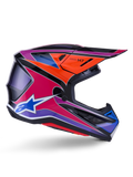 Alpinestars S-M7 Fuse hjälm, motocrosshjälm, blå, lila och rosa högblank, sidoprofil med livfull racinggrafik, aerodynamisk skaldesign med ventilationsöppningar och Alpinestars stjärnlogotyp