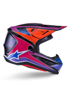Alpinestars S-M7 Fuse hjälm, motocrosshjälm, blå, lila och rosa högblank, sidoprofil med livfull racinggrafik, aerodynamisk skaldesign med ventilationsöppningar och Alpinestars stjärnlogotyp