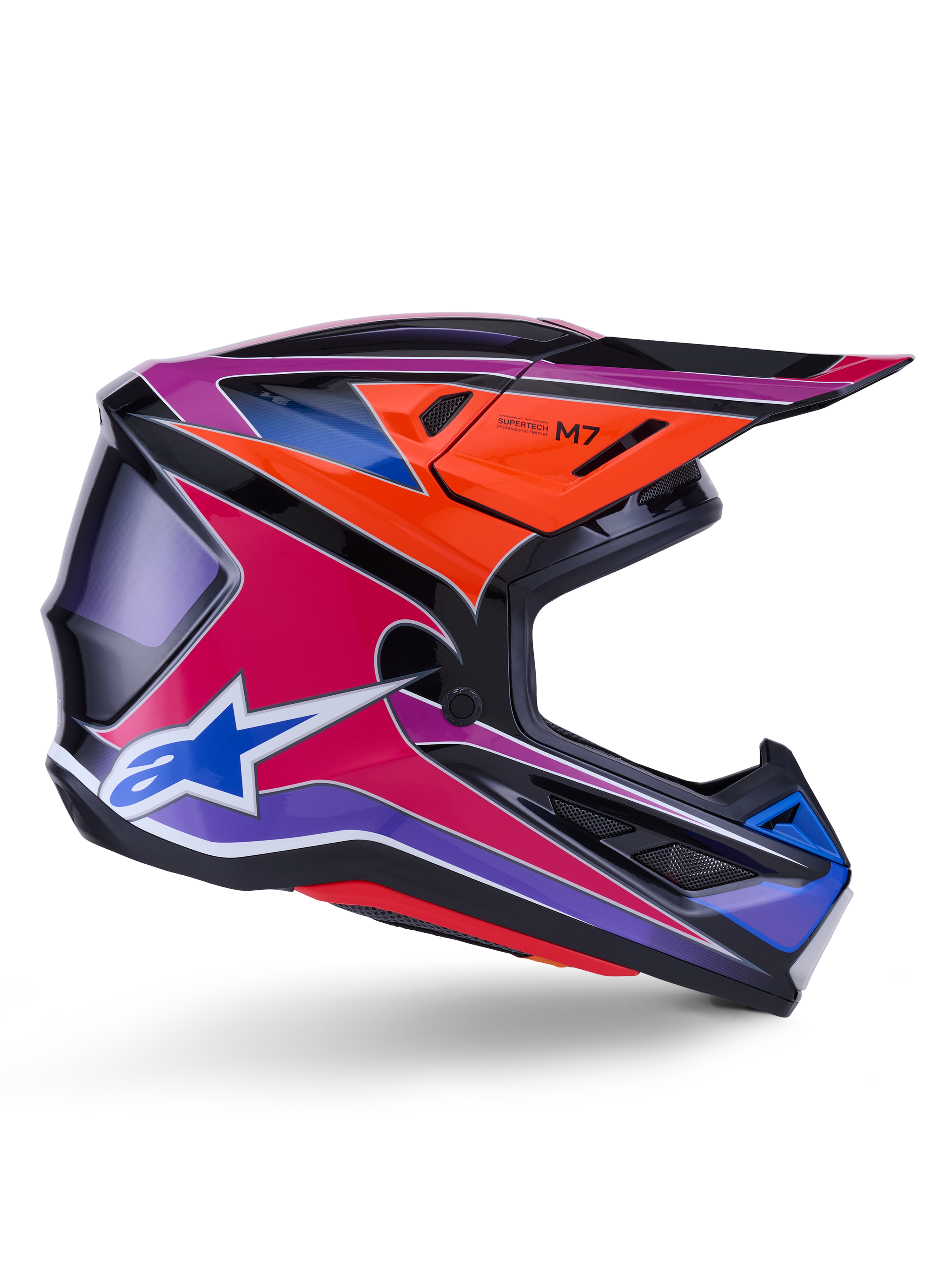 Alpinestars S-M7 Fuse hjälm, motocrosshjälm, blå, lila och rosa högblank, sidoprofil med livfull racinggrafik, aerodynamisk skaldesign med ventilationsöppningar och Alpinestars stjärnlogotyp