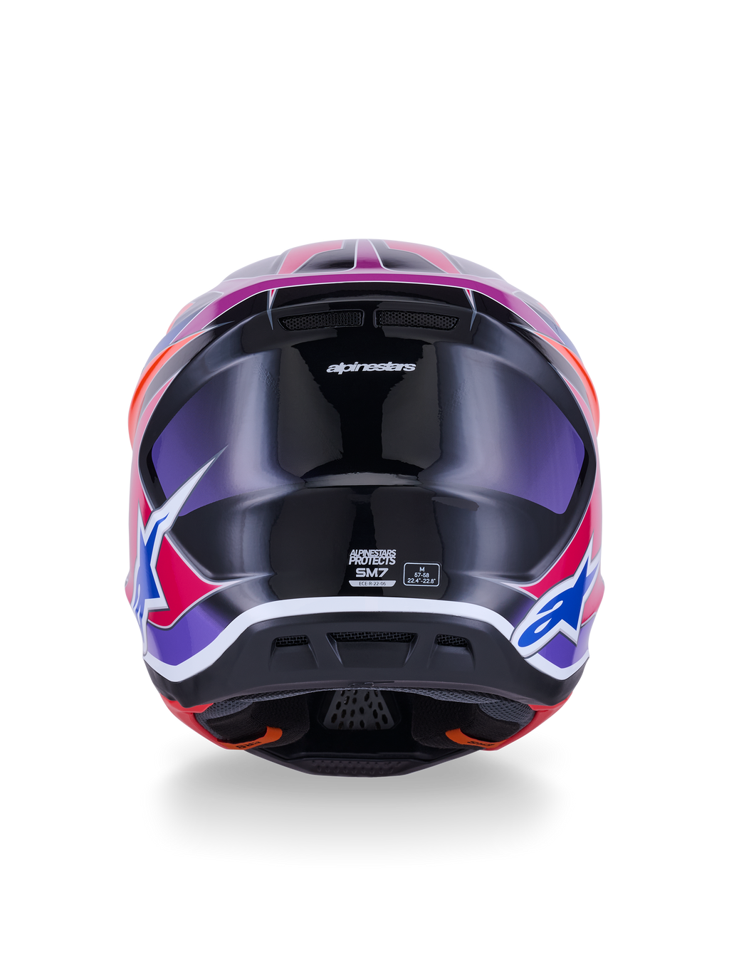 Alpinestars S-M7 Fuse-hjälm, motocrosshjälm, vy bakifrån, blank blå, lila och rosa, livfull rosa och lila grafik på ett blankt svart skal, med ventilationsöppningar och ECE 22.06-certifieringsetikett