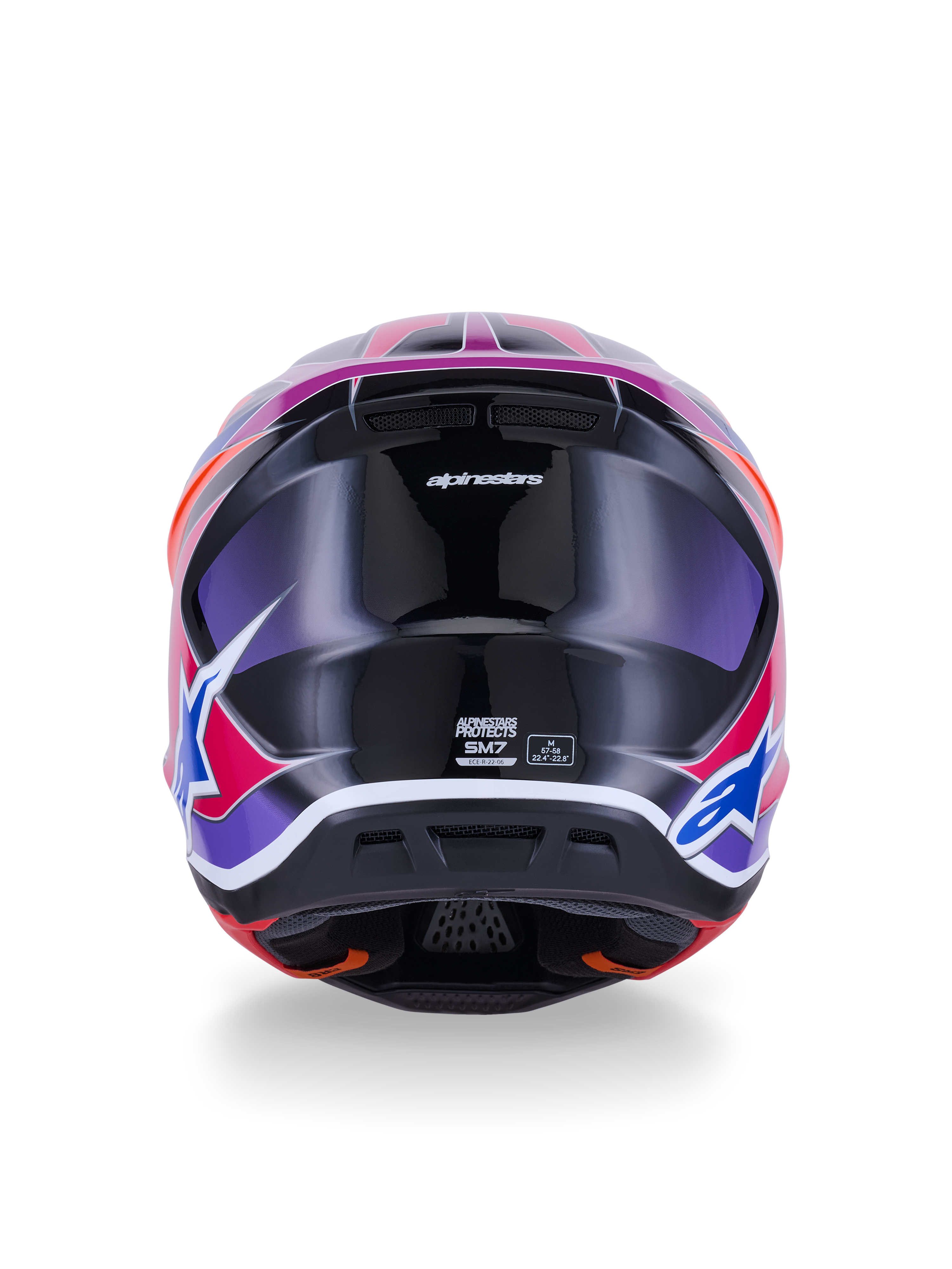 Alpinestars S-M7 Fuse-hjälm, motocrosshjälm, vy bakifrån, blank blå, lila och rosa, livfull rosa och lila grafik på ett blankt svart skal, med ventilationsöppningar och ECE 22.06-certifieringsetikett