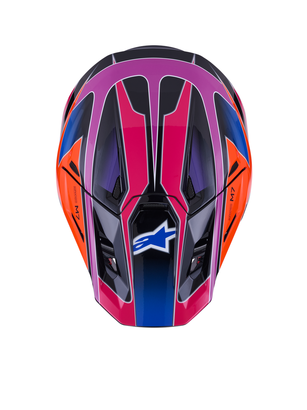 Alpinestars S-M7 Fuse-hjälm, sedd ovanifrån, glansig blå, lila och rosa med orangea och svarta detaljer, livfull geometrisk design, aerodynamiskt skal med ventilationsöppningar och Alpinestars-logotyp på visiret, motocross-skyddsutrustning