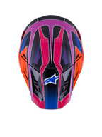 Alpinestars S-M7 Fuse-hjälm, sedd ovanifrån, glansig blå, lila och rosa med orangea och svarta detaljer, livfull geometrisk design, aerodynamiskt skal med ventilationsöppningar och Alpinestars-logotyp på visiret, motocross-skyddsutrustning