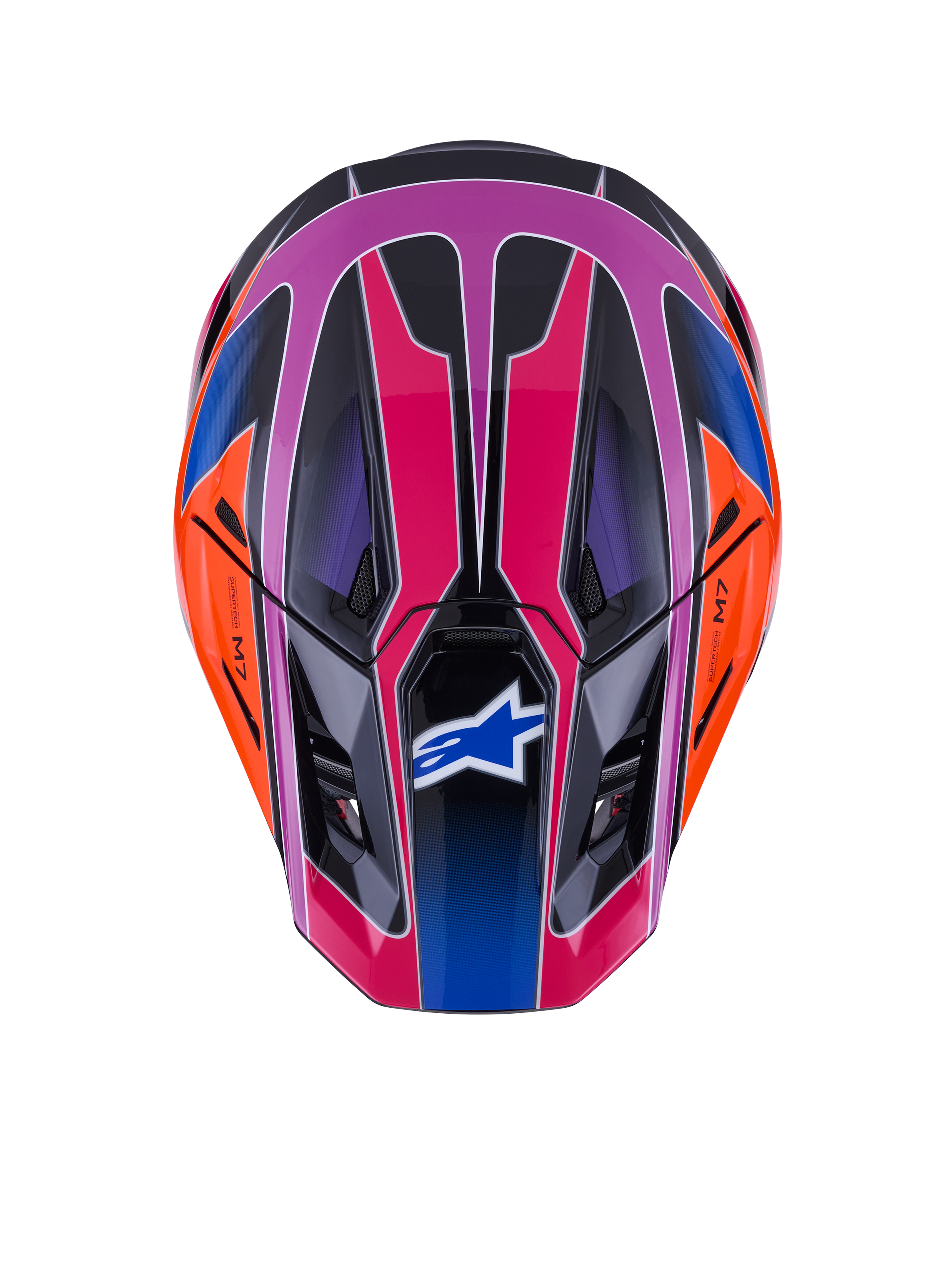 Alpinestars S-M7 Fuse-hjälm, sedd ovanifrån, glansig blå, lila och rosa med orangea och svarta detaljer, livfull geometrisk design, aerodynamiskt skal med ventilationsöppningar och Alpinestars-logotyp på visiret, motocross-skyddsutrustning