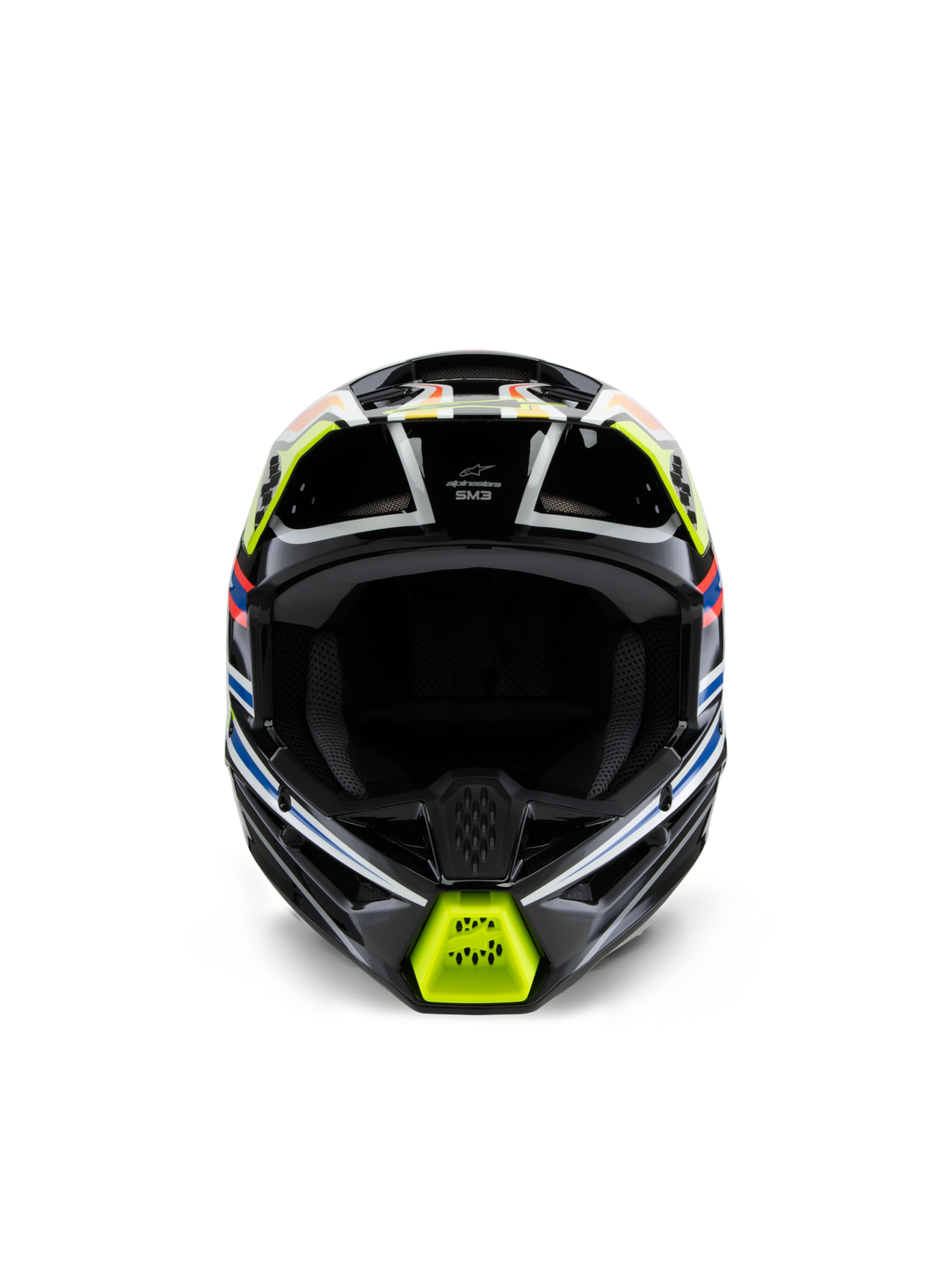 Alpinestars S-M3 Youth Wurx-hjälm, vy framifrån, svart med fluorescerande gula, blå och röda detaljer, skyddsutrustning för motocross för ungdomar, svart bas med livfull geometrisk grafik, integrerade ventilationsöppningar och gult hakskydd, offroad-racingstil