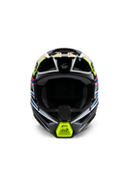 Alpinestars S-M3 Youth Wurx-hjälm, vy framifrån, svart med fluorescerande gula, blå och röda detaljer, skyddsutrustning för motocross för ungdomar, svart bas med livfull geometrisk grafik, integrerade ventilationsöppningar och gult hakskydd, offroad-racingstil