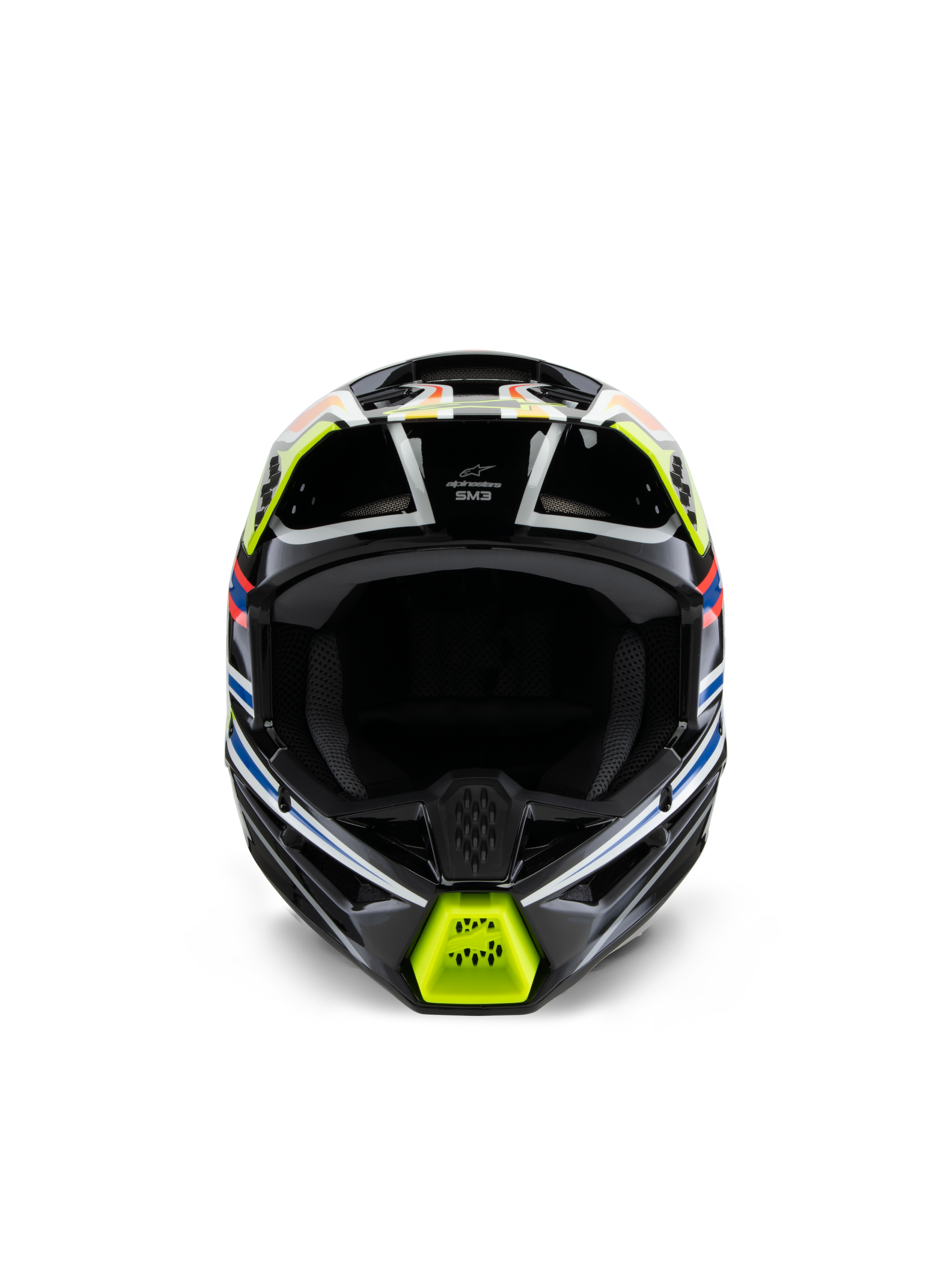 Alpinestars S-M3 Youth Wurx-hjälm, vy framifrån, svart med fluorescerande gula, blå och röda detaljer, skyddsutrustning för motocross för ungdomar, svart bas med livfull geometrisk grafik, integrerade ventilationsöppningar och gult hakskydd, offroad-racingstil