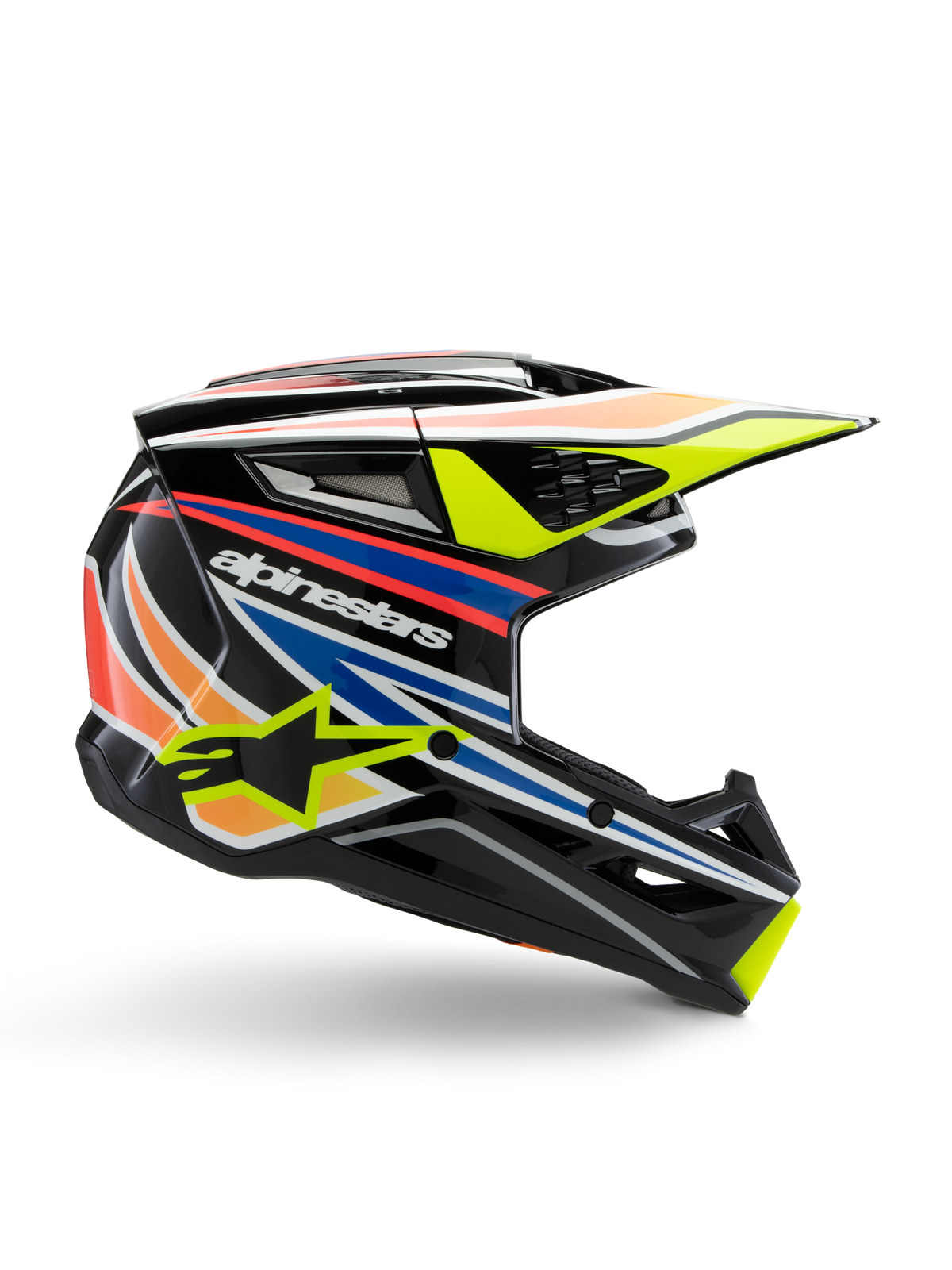 Alpinestars S-M3 Youth Wurx Helmet, Youth Motocross Helmet, Black with yellow, blue, red, and orange graphic stripes, side profile with aerodynamic visor and glossy finish, featuring white Alpinestars logo and yellow star graphic