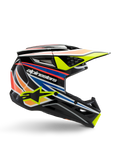 Alpinestars S-M3 Youth Wurx hjälm, ungdomsmotocrosshjälm, svart med grafiska ränder i gult, blått, rött och orange, sidoprofil med aerodynamisk skärm och blank finish, vit Alpinestars-logotyp och gul stjärngrafik