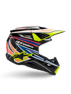 Alpinestars S-M3 Youth Wurx hjälm, ungdomsmotocrosshjälm, svart med grafiska ränder i gult, blått, rött och orange, sidoprofil med aerodynamisk skärm och blank finish, vit Alpinestars-logotyp och gul stjärngrafik