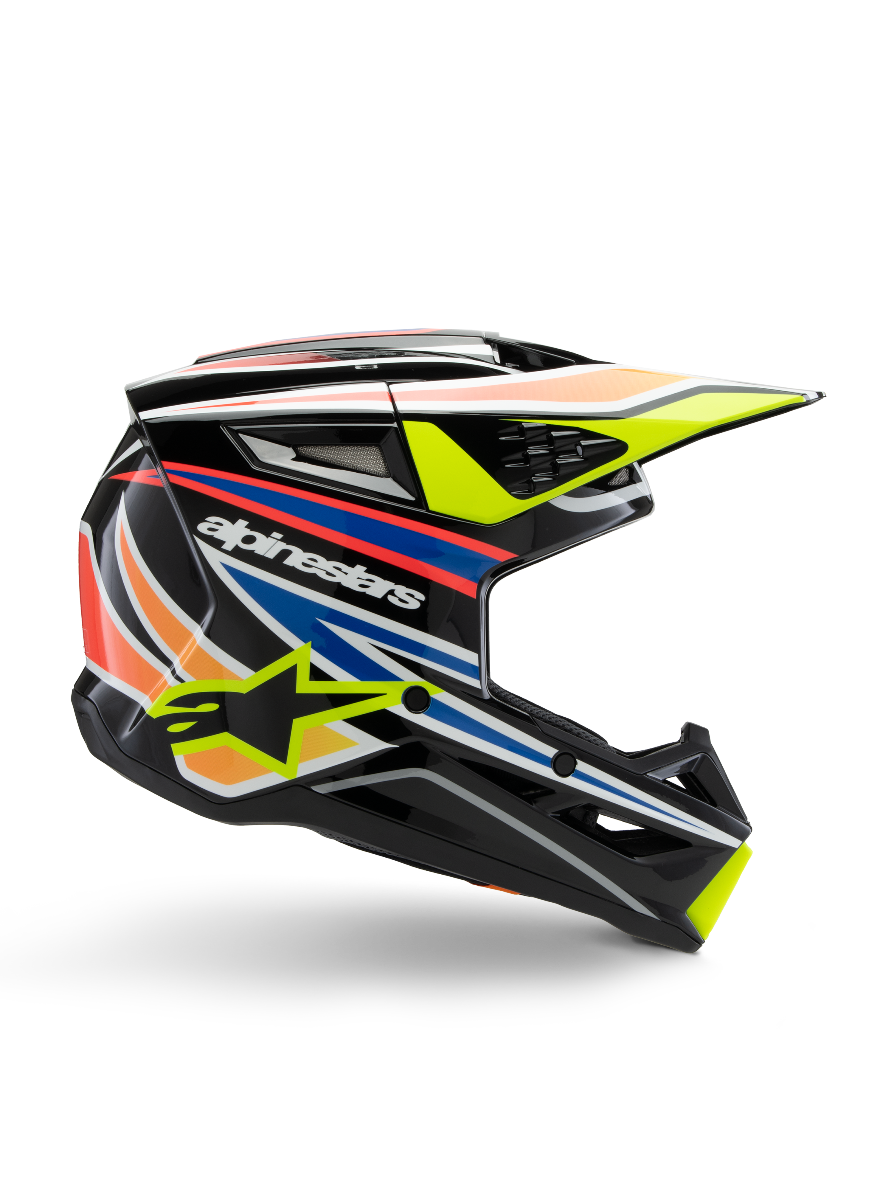 Alpinestars S-M3 Youth Wurx hjälm, ungdomsmotocrosshjälm, svart med grafiska ränder i gult, blått, rött och orange, sidoprofil med aerodynamisk skärm och blank finish, vit Alpinestars-logotyp och gul stjärngrafik
