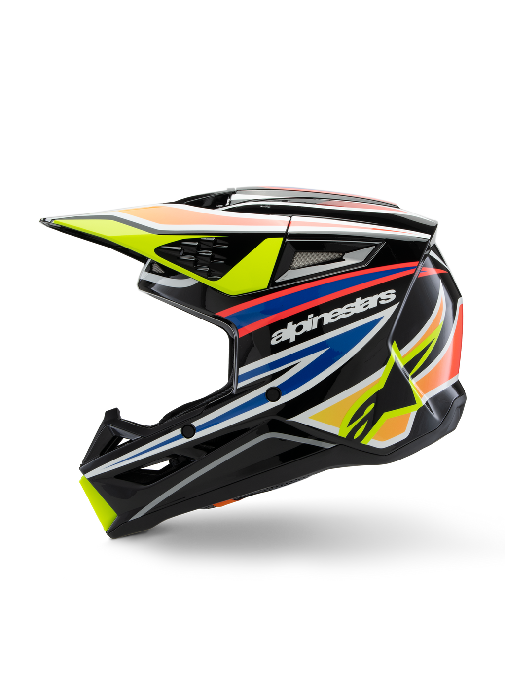 Alpinestars S-M3 Youth Wurx-hjälm, motocrosshjälm, svart med livfull gul, blå och röd grafik, profilvy med tydlig Alpinestars-logotyp, aerodynamiskt skal med flera ventilationsöppningar och en gul skärm.