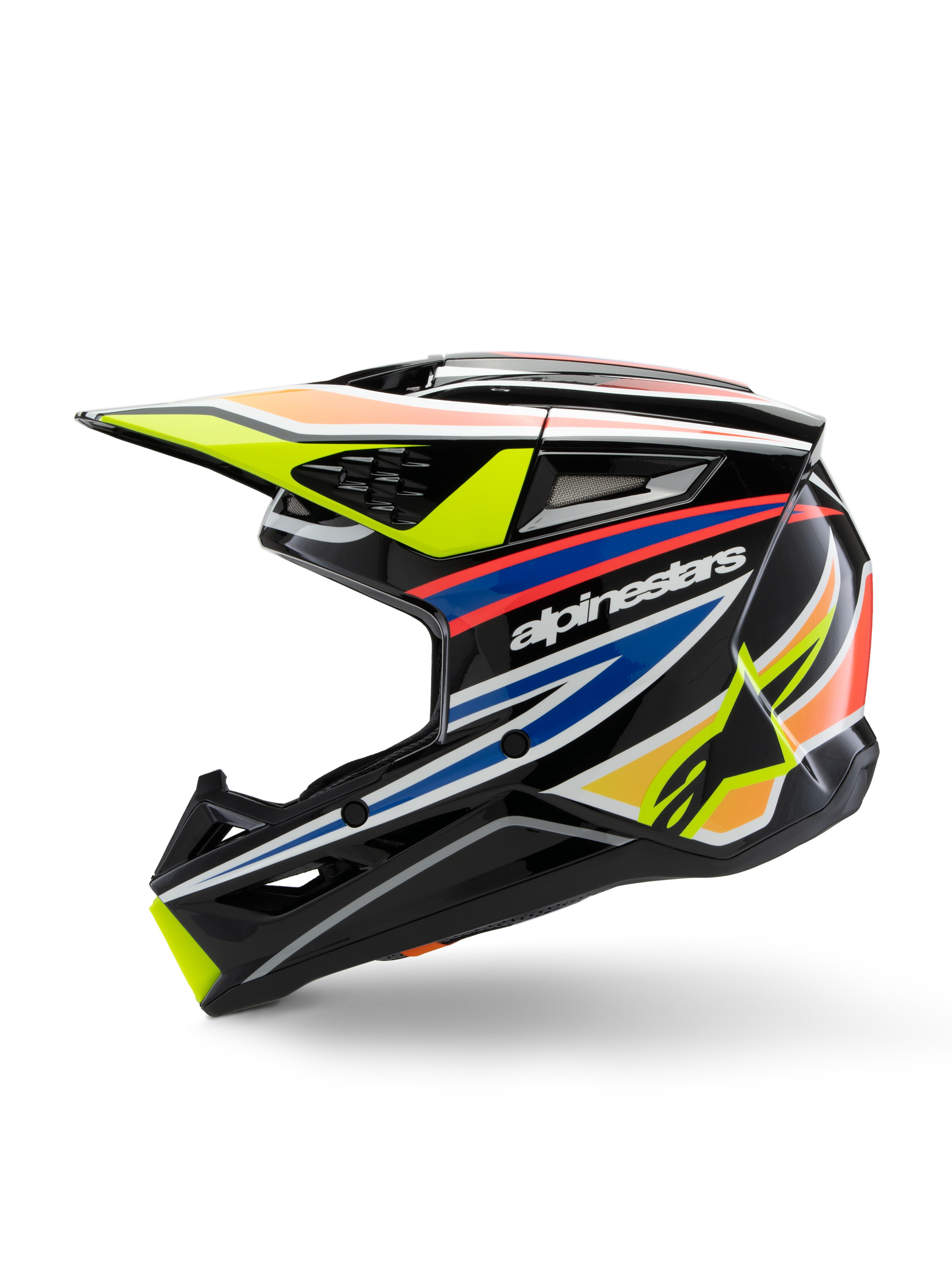 Alpinestars S-M3 Youth Wurx-hjälm, motocrosshjälm, svart med livfull gul, blå och röd grafik, profilvy med tydlig Alpinestars-logotyp, aerodynamiskt skal med flera ventilationsöppningar och en gul skärm.