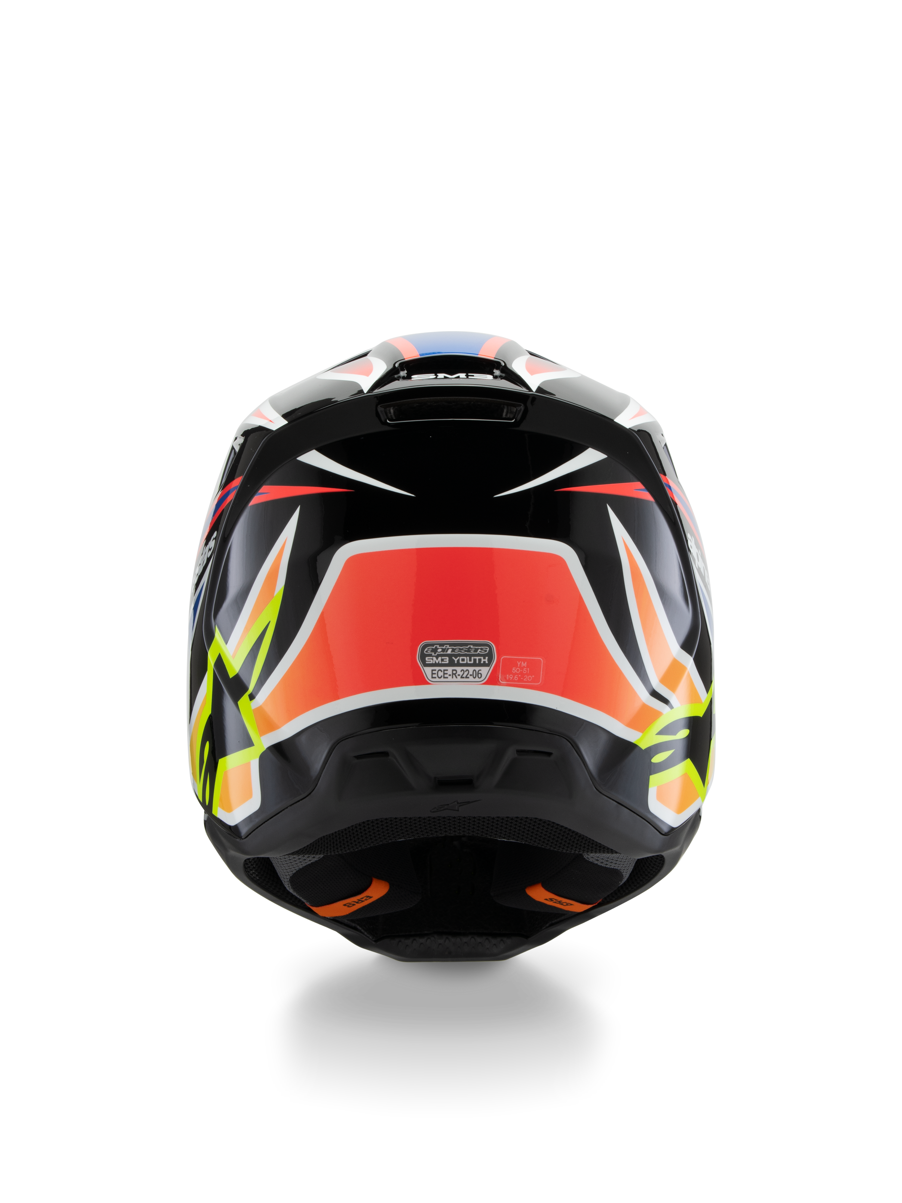 Alpinestars S-M3 Youth Wurx-hjälm ECE 22.06, motocrosshjälm, sedd bakifrån, svart med röd, fluorescerande gul och blå grafik, med djärva vinkelformade mönster, stjärnlogotyper och ECE 22.06-certifieringsdekal, designad för terrängkörning för ungdomar