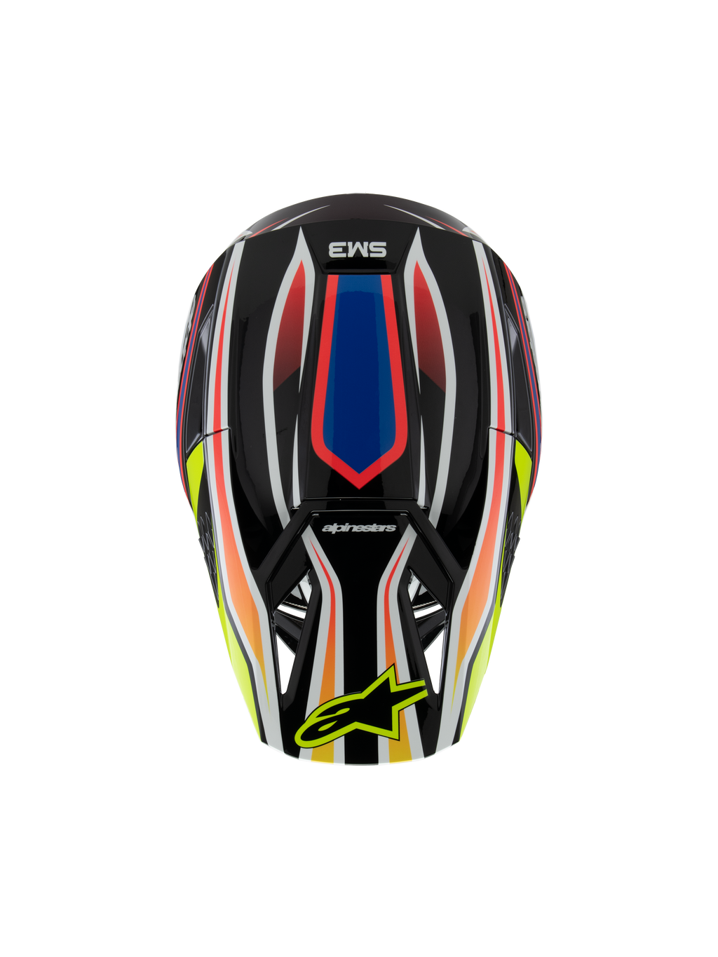 Alpinestars S-M3 Youth Wurx-hjälm ECE 22.06, motocrosshjälm, svart med livfull röd, blå och gul grafik, sedd ovanifrån med SM3-logotyp och gul Alpinestars-logotyp på visiret, skyddsutrustning för terrängkörning