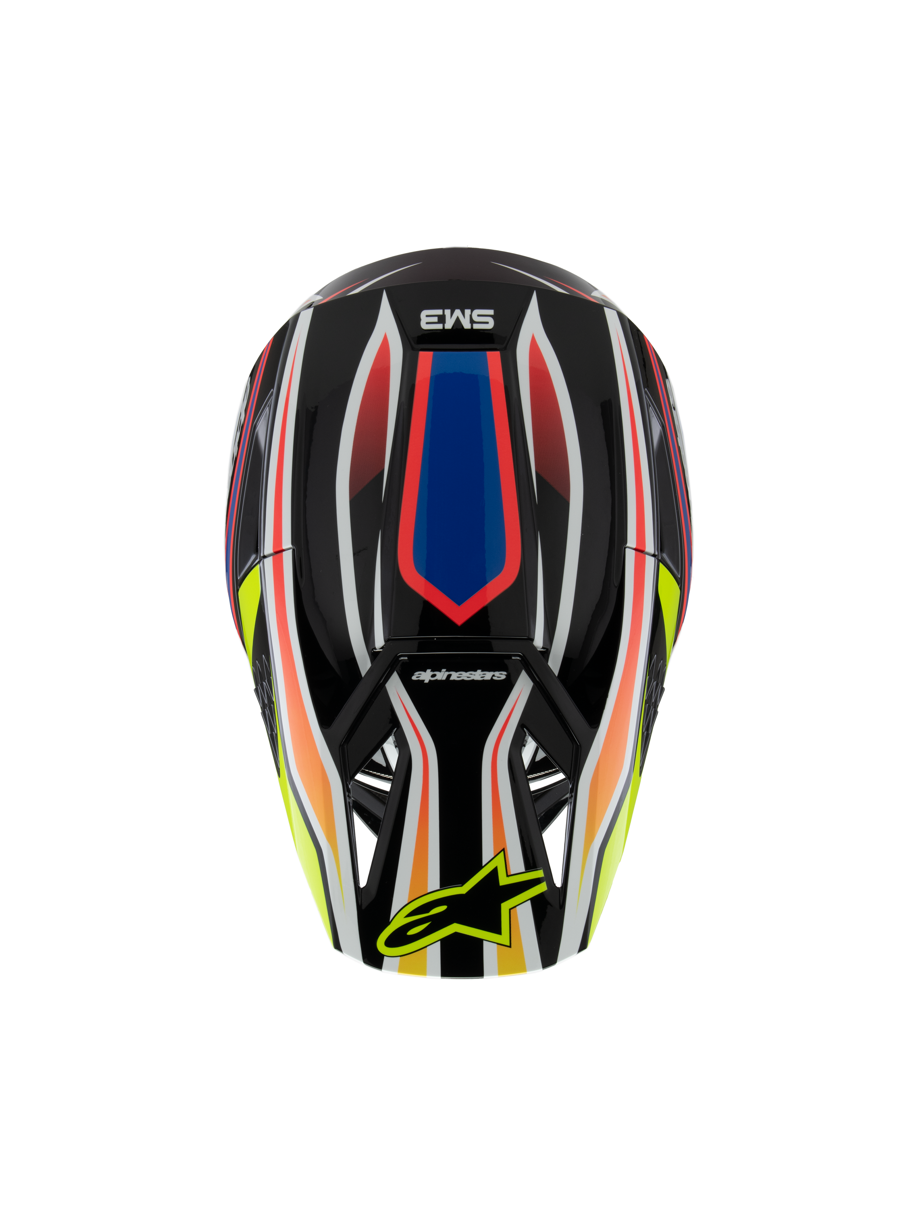 Alpinestars S-M3 Youth Wurx-hjälm ECE 22.06, motocrosshjälm, svart med livfull röd, blå och gul grafik, sedd ovanifrån med SM3-logotyp och gul Alpinestars-logotyp på visiret, skyddsutrustning för terrängkörning