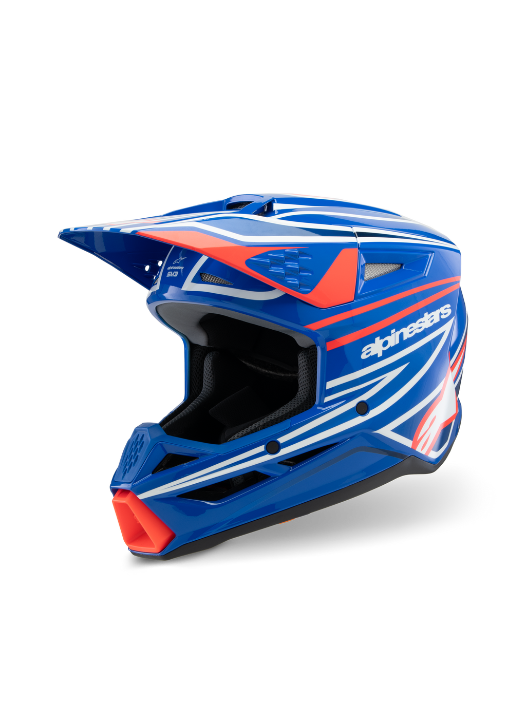 Alpinestars S-M3 Youth Wurx hjälm, motocrosshjälm, glansig blå med röd och vit grafik, skarp aerodynamisk design med ett framträdande visir och flera ventilationsöppningar, designad för ungdomar för offroad och MX-racing