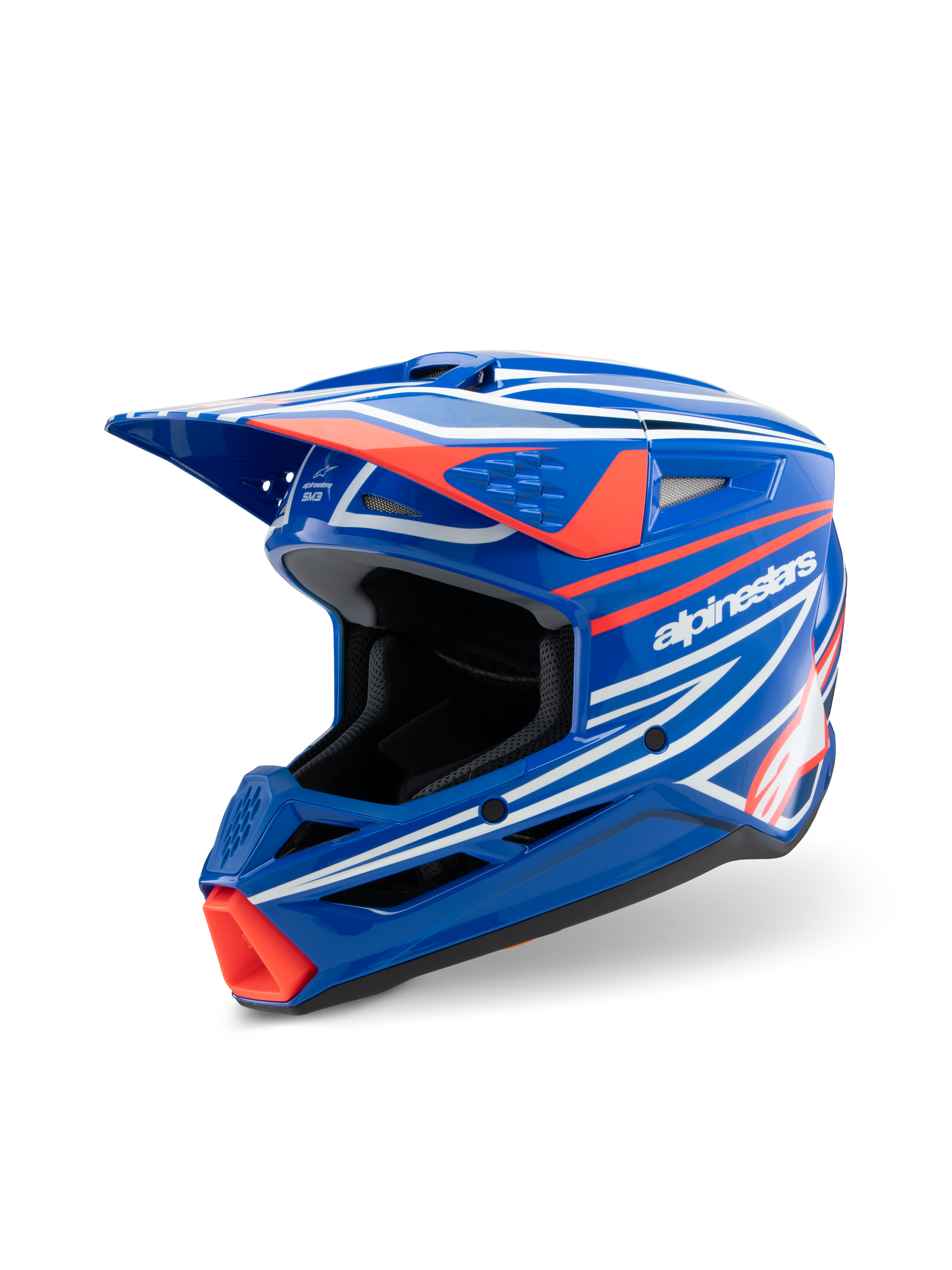 Alpinestars S-M3 Youth Wurx hjälm, motocrosshjälm, glansig blå med röd och vit grafik, skarp aerodynamisk design med ett framträdande visir och flera ventilationsöppningar, designad för ungdomar för offroad och MX-racing