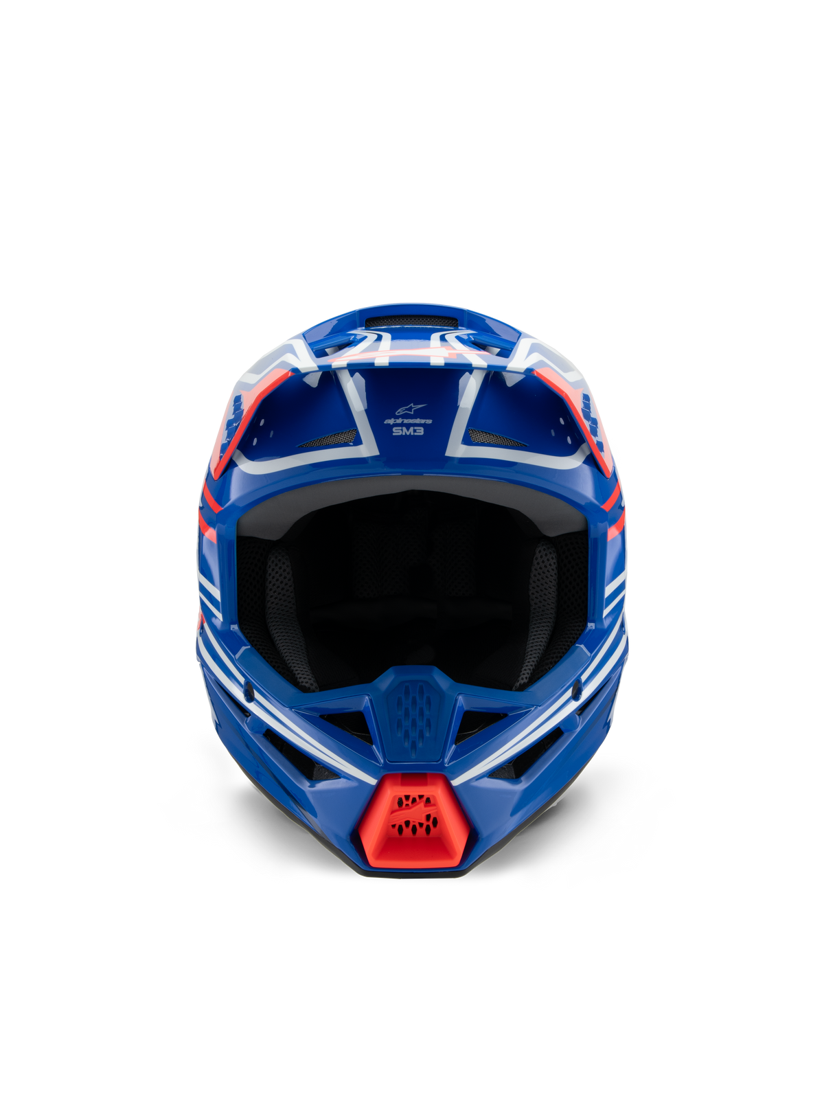 Alpinestars S-M3 Youth Wurx-hjälm ECE 22.06, motocrosshjälm, blå, röd, vit och svart glansig, vy framifrån, med aerodynamiskt skal, ventilationsöppningar och ett klart rött luftintag på hakskyddet, designad för terrängkörning för ungdomar