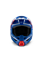 Alpinestars S-M3 Youth Wurx-hjälm ECE 22.06, motocrosshjälm, blå, röd, vit och svart glansig, vy framifrån, med aerodynamiskt skal, ventilationsöppningar och ett klart rött luftintag på hakskyddet, designad för terrängkörning för ungdomar