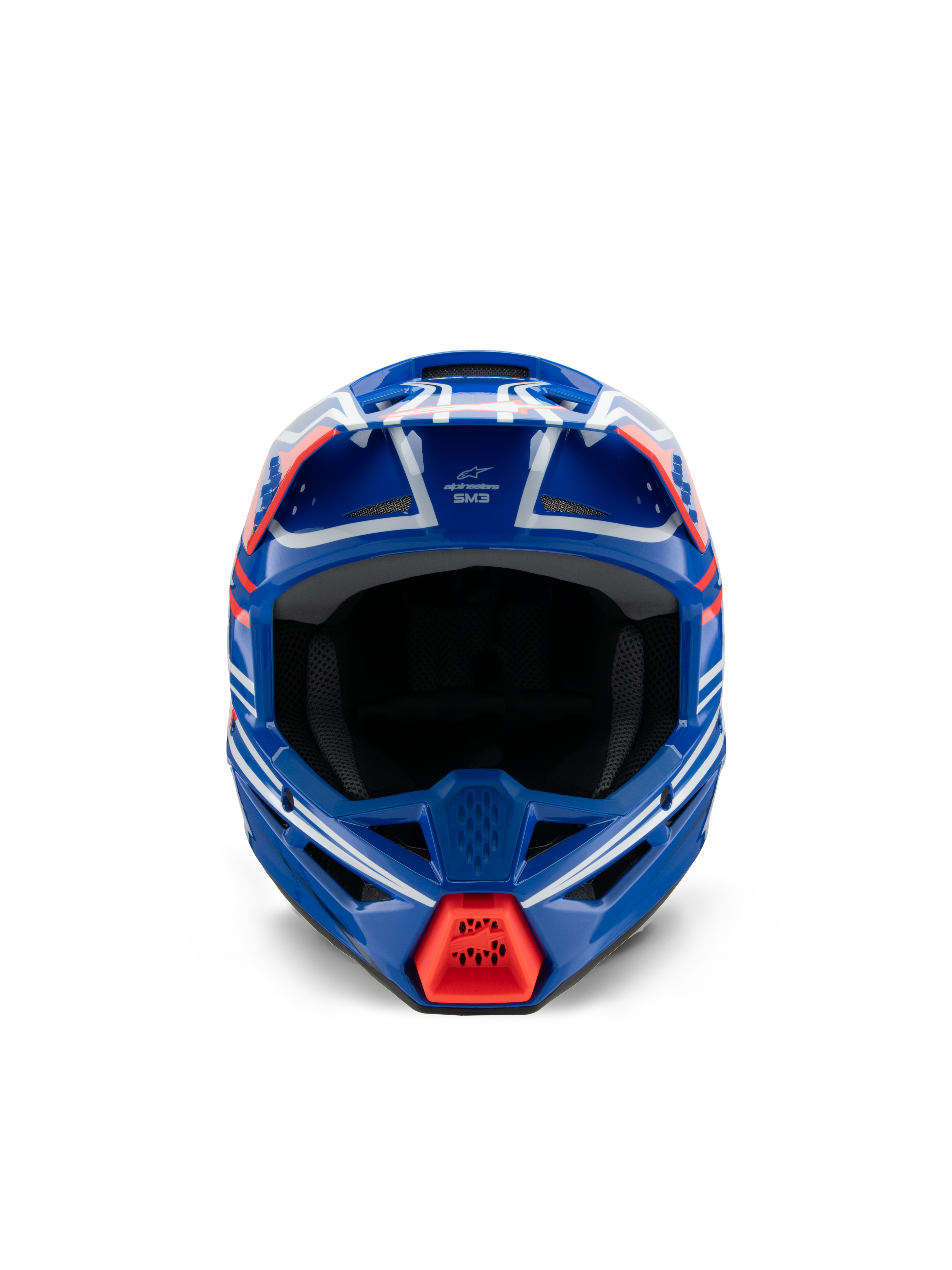 Alpinestars S-M3 Youth Wurx-hjälm ECE 22.06, motocrosshjälm, blå, röd, vit och svart glansig, vy framifrån, med aerodynamiskt skal, ventilationsöppningar och ett klart rött luftintag på hakskyddet, designad för terrängkörning för ungdomar
