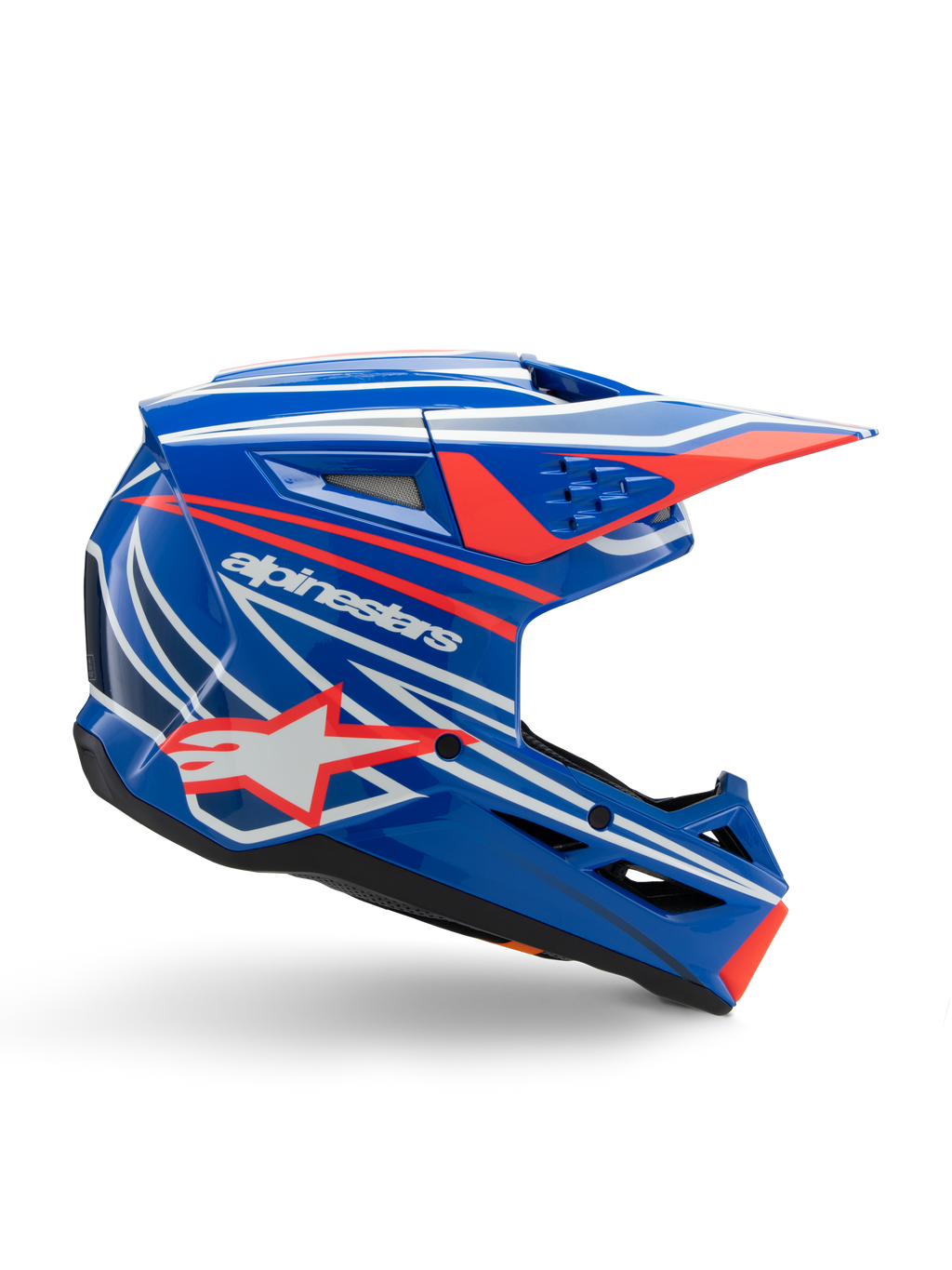 Alpinestars S-M3 Youth Wurx hjälm, motocrosshjälm för ungdom, blå med röd och vit grafik, sidoprofil med aerodynamiskt visir, ventilationsöppningar och stjärnlogotyp, glansig finish, ECE 22.06-certifierad