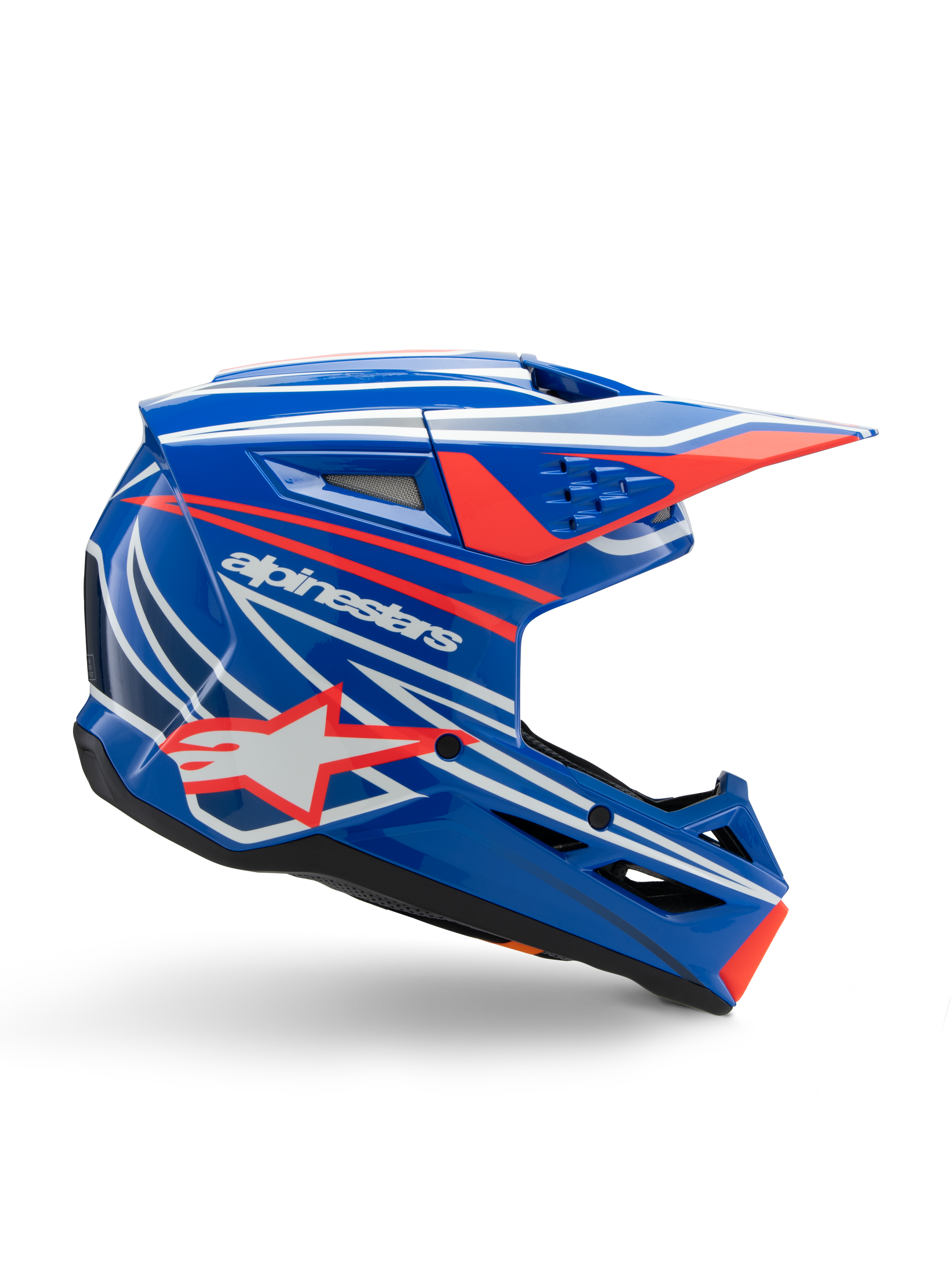 Alpinestars S-M3 Youth Wurx Helmet, Motocross Youth Helmet, Blue with Red and White graphics, side profile featuring aerodynamic visor, ventilation slots, and star logo, glossy finish, ECE 22.06 certified