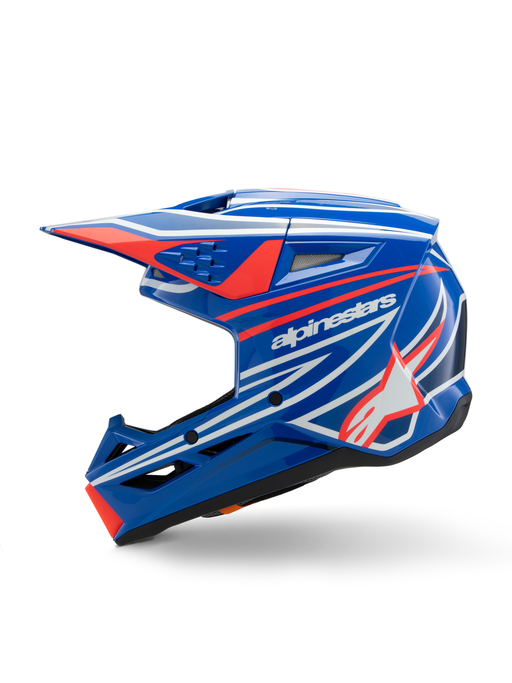 Alpinestars S-M3 Youth Wurx Helmet, motocrosshjälm, blå, röd, vit och svart blank finish, med framträdande grafik, Alpinestars-logotyp och stjärna, profilvy från sidan med aerodynamiska ventiler och integrerad skärm, utrustning för terrängkörning