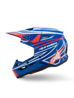 Alpinestars S-M3 Youth Wurx Helmet, motocrosshjälm, blå, röd, vit och svart blank finish, med framträdande grafik, Alpinestars-logotyp och stjärna, profilvy från sidan med aerodynamiska ventiler och integrerad skärm, utrustning för terrängkörning