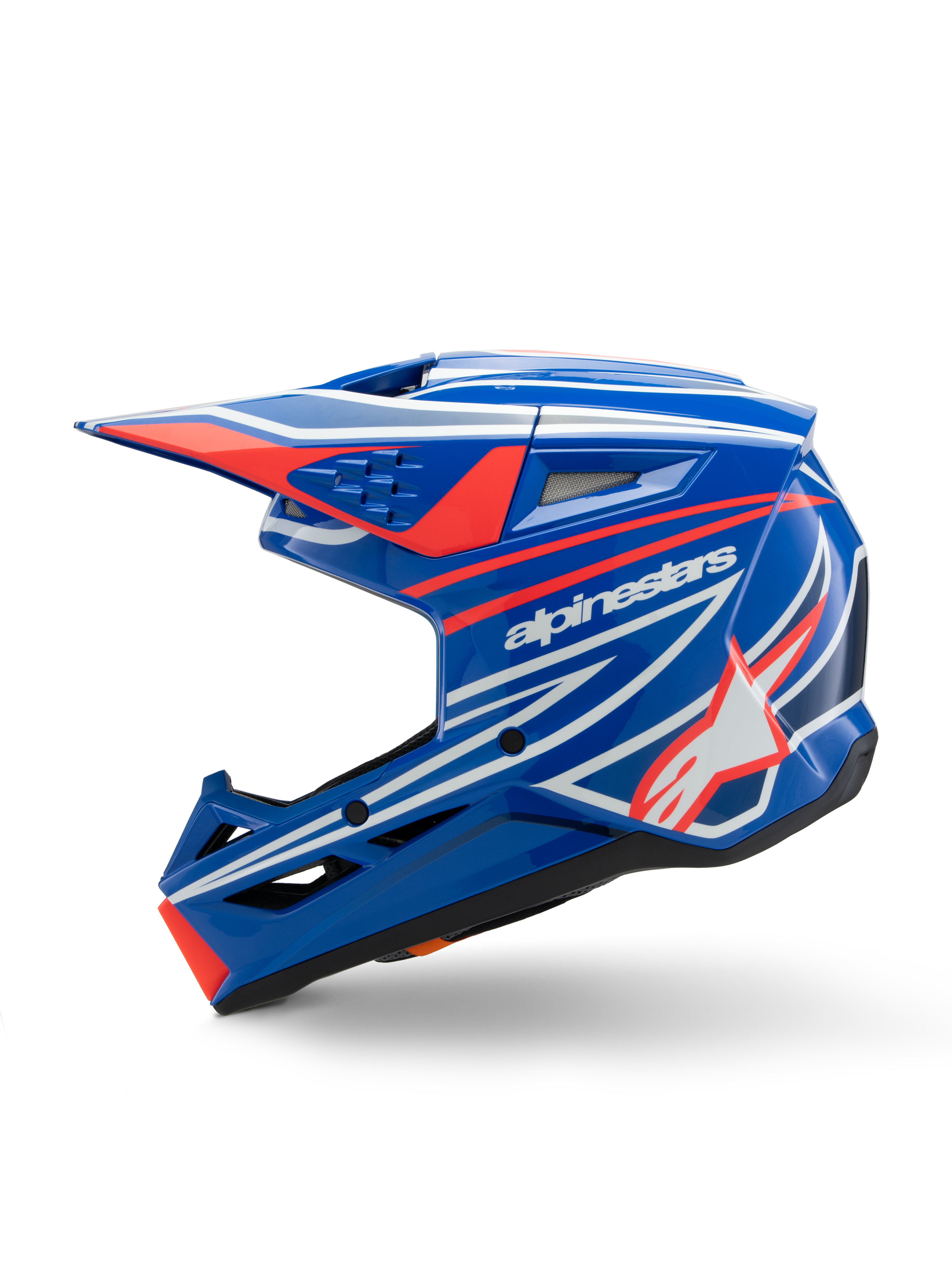 Alpinestars S-M3 Youth Wurx Helmet, motocrosshjälm, blå, röd, vit och svart blank finish, med framträdande grafik, Alpinestars-logotyp och stjärna, profilvy från sidan med aerodynamiska ventiler och integrerad skärm, utrustning för terrängkörning