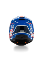 Alpinestars S-M3 Ungdom Wurx-hjälm ECE 22.06, motocrosshjälm, blå, röd och vit, vy bakifrån som visar aerodynamisk design med ventilationsöppningar, glansig finish med skarpa grafiska detaljer och säkerhetscertifieringsdekal.