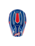 Alpinestars S-M3 Youth Wurx hjälm, motocrosshjälm, blå, röd, vit och svart glansig yta, vy uppifrån som visar röda och vita grafiska mönster, Alpinestars-logotyp på visiret, specialiserat huvudskydd för ungdomar vid terrängkörning.