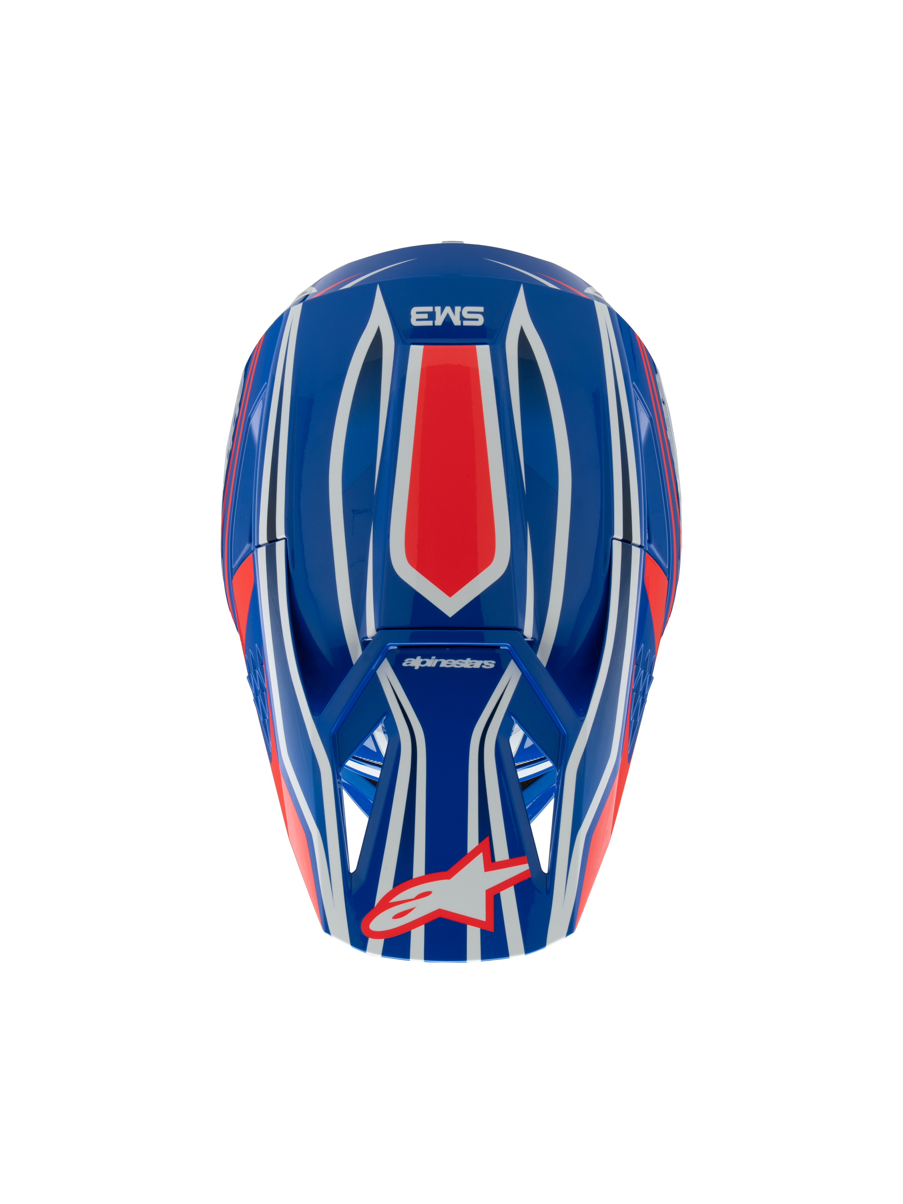 Alpinestars S-M3 Youth Wurx hjälm, motocrosshjälm, blå, röd, vit och svart glansig yta, vy uppifrån som visar röda och vita grafiska mönster, Alpinestars-logotyp på visiret, specialiserat huvudskydd för ungdomar vid terrängkörning.