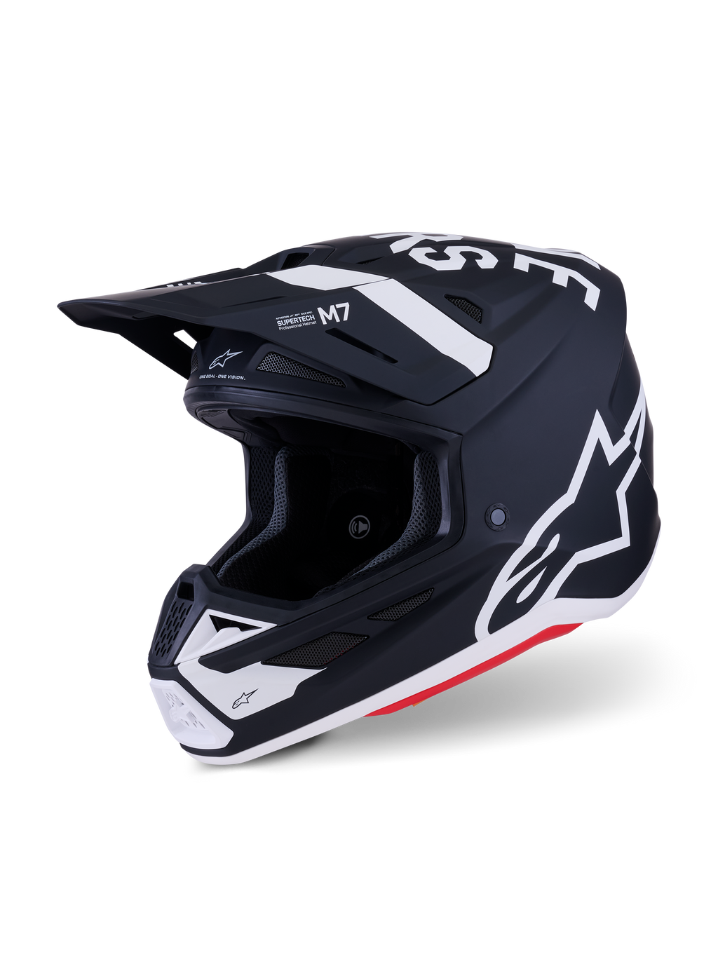 Alpinestars S-M7 Dasher-hjälm, motocrosshjälm, matt svart och vit med röda detaljer, tydliga vita Alpinestars-logotyper och grafik, aerodynamiskt kompositskal med integrerade ventilationsöppningar och skyddande visir