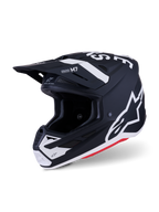 Alpinestars S-M7 Dasher-hjälm, motocrosshjälm, matt svart och vit med röda detaljer, tydliga vita Alpinestars-logotyper och grafik, aerodynamiskt kompositskal med integrerade ventilationsöppningar och skyddande visir
