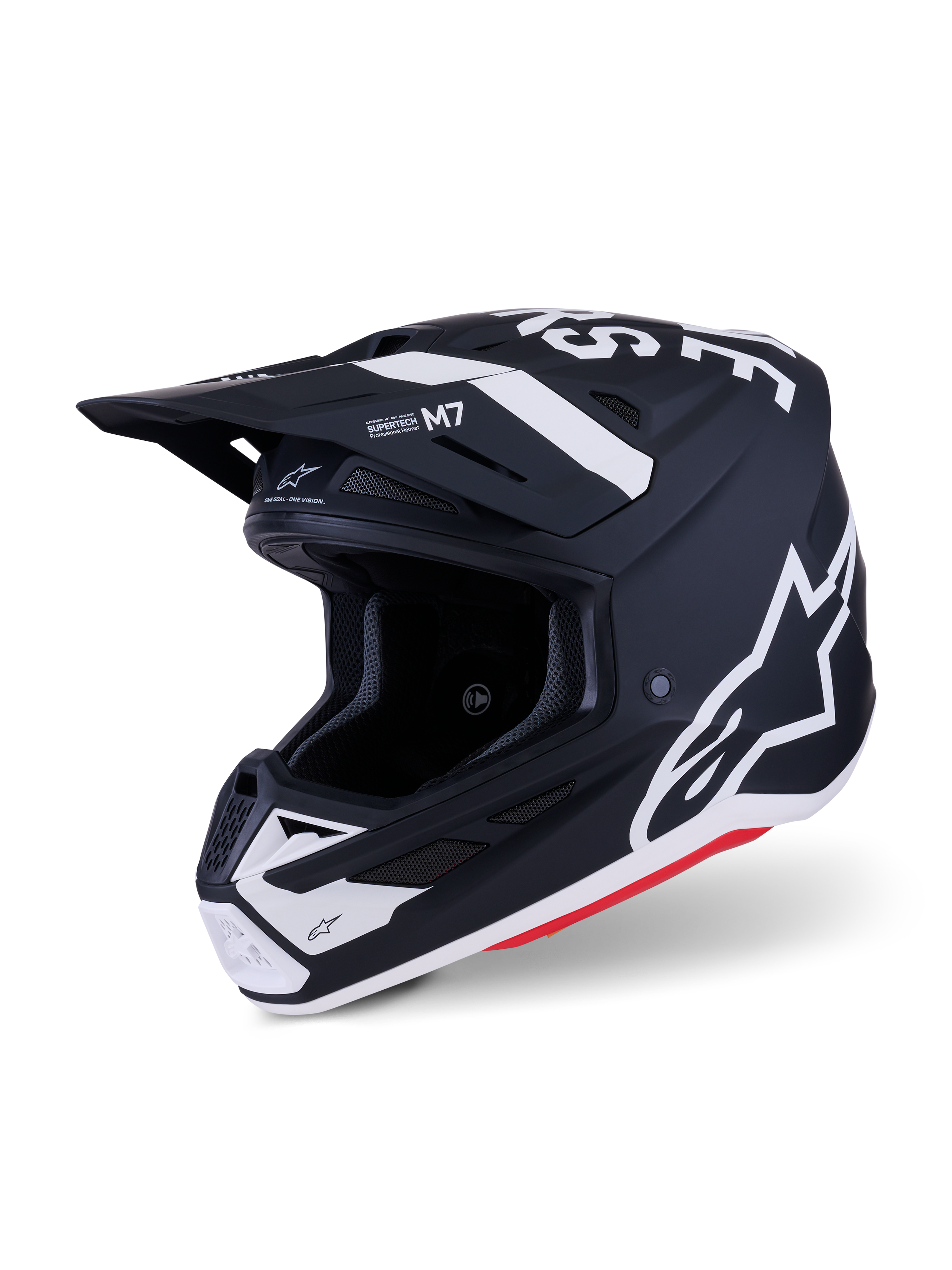 Alpinestars S-M7 Dasher-hjälm, motocrosshjälm, matt svart och vit med röda detaljer, tydliga vita Alpinestars-logotyper och grafik, aerodynamiskt kompositskal med integrerade ventilationsöppningar och skyddande visir