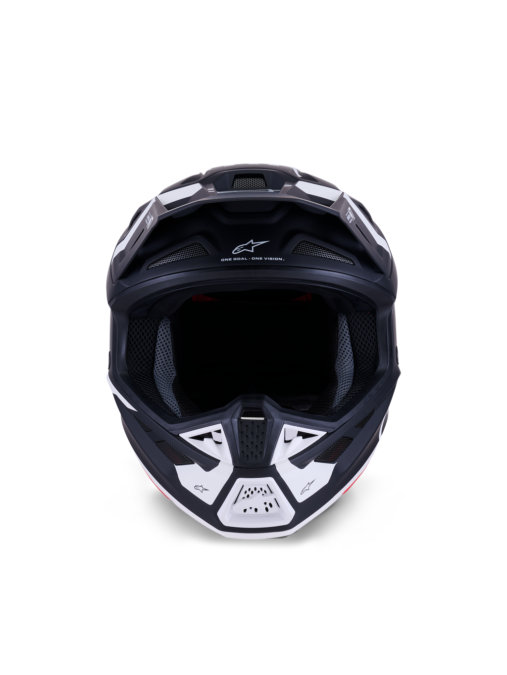 Alpinestars S-M7 Dasher-hjälm ECE 22.06, motocrosshjälm, mattsvart och vit, vy framifrån som visar ventilationsöppningar och geometrisk grafik, med texten "ONE GOAL - ONE VISION", professionellt skydd för terrängkörning