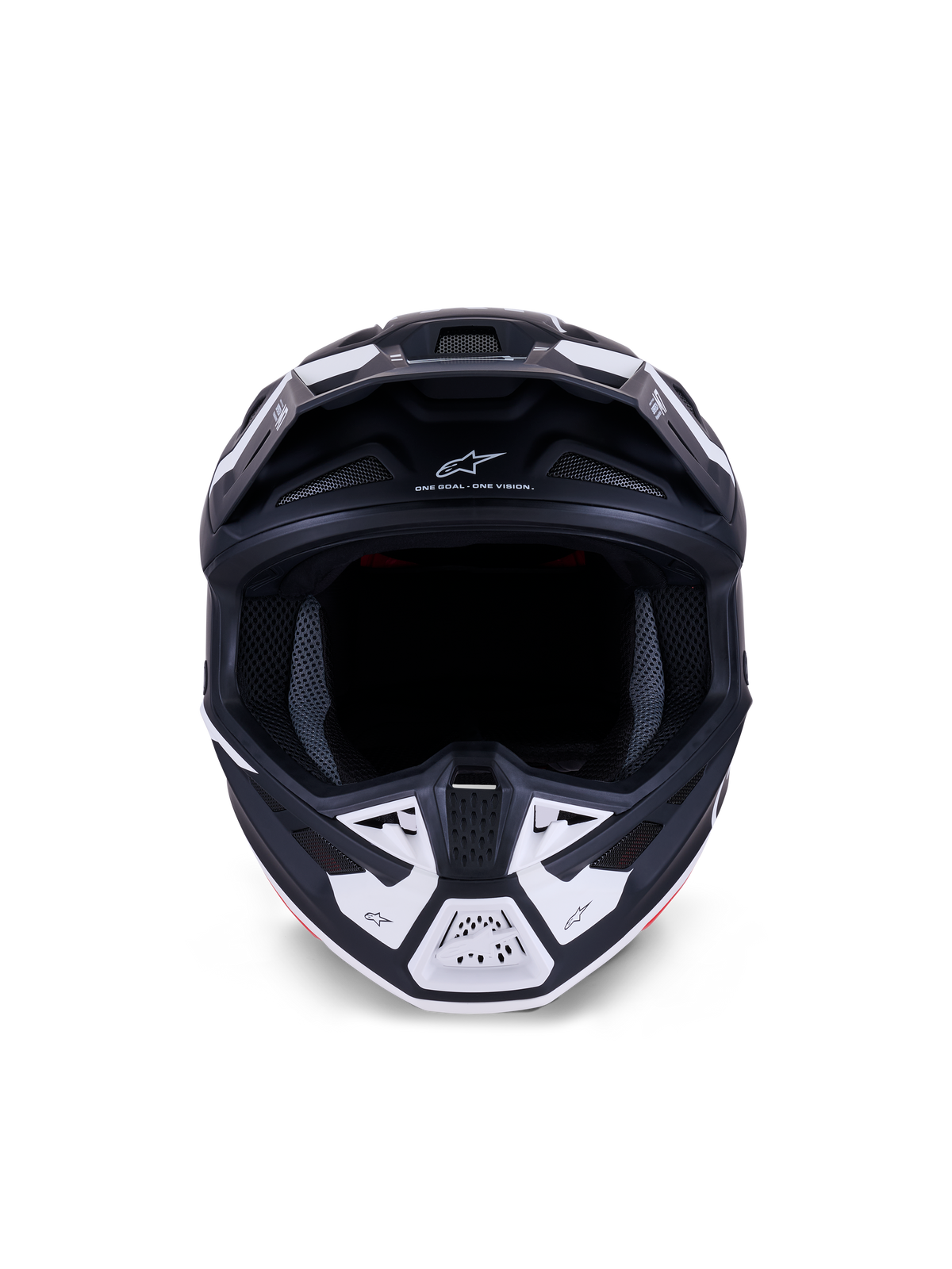 Alpinestars S-M7 Dasher-hjälm ECE 22.06, motocrosshjälm, mattsvart och vit, vy framifrån som visar ventilationsöppningar och geometrisk grafik, med texten "ONE GOAL - ONE VISION", professionellt skydd för terrängkörning