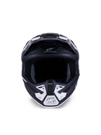 Alpinestars S-M7 Dasher-hjälm ECE 22.06, motocrosshjälm, mattsvart och vit, vy framifrån som visar ventilationsöppningar och geometrisk grafik, med texten "ONE GOAL - ONE VISION", professionellt skydd för terrängkörning