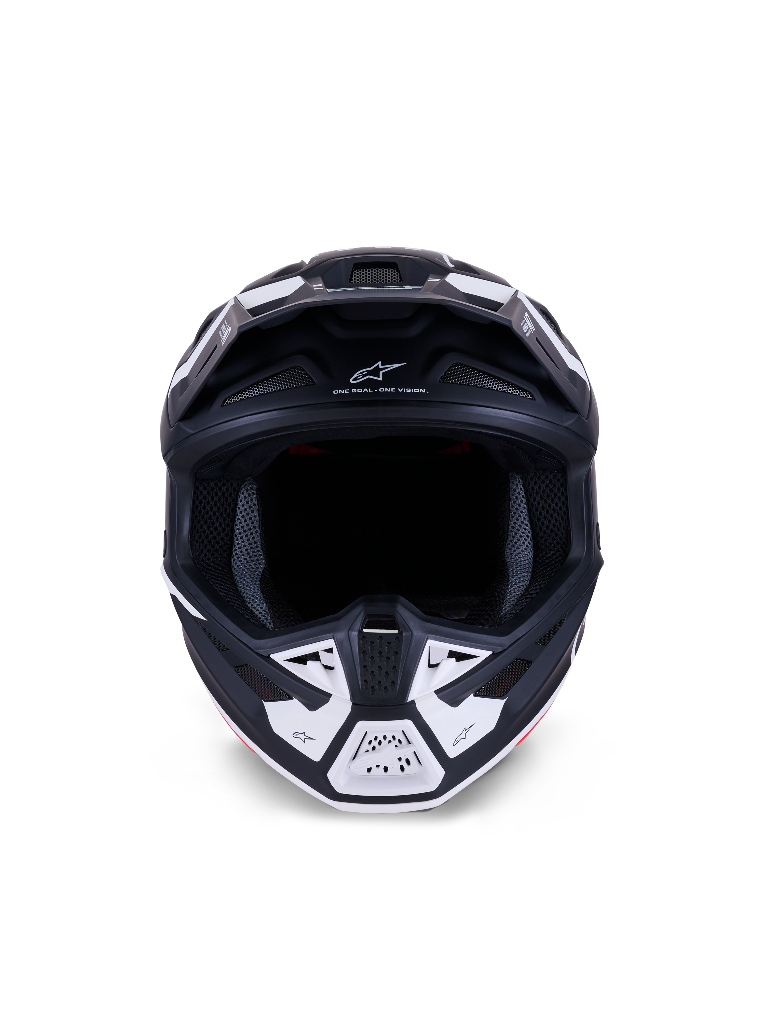 Alpinestars S-M7 Dasher-hjälm ECE 22.06, motocrosshjälm, mattsvart och vit, vy framifrån som visar ventilationsöppningar och geometrisk grafik, med texten "ONE GOAL - ONE VISION", professionellt skydd för terrängkörning