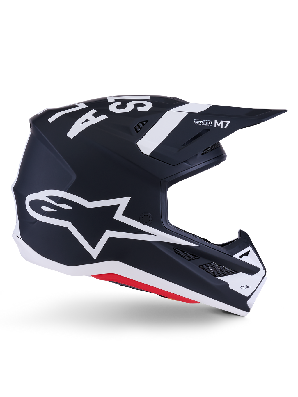Alpinestars S-M7 Dasher-hjälm, motocrosshjälm, mattsvart med vita och röda accenter, stor vit Alpinestars-stjärnlogotyp på sidan, aerodynamiskt visir och ventilationsöppningar, ECE 22.06-certifierad för offroadracing