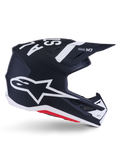 Alpinestars S-M7 Dasher-hjälm, motocrosshjälm, mattsvart med vita och röda accenter, stor vit Alpinestars-stjärnlogotyp på sidan, aerodynamiskt visir och ventilationsöppningar, ECE 22.06-certifierad för offroadracing
