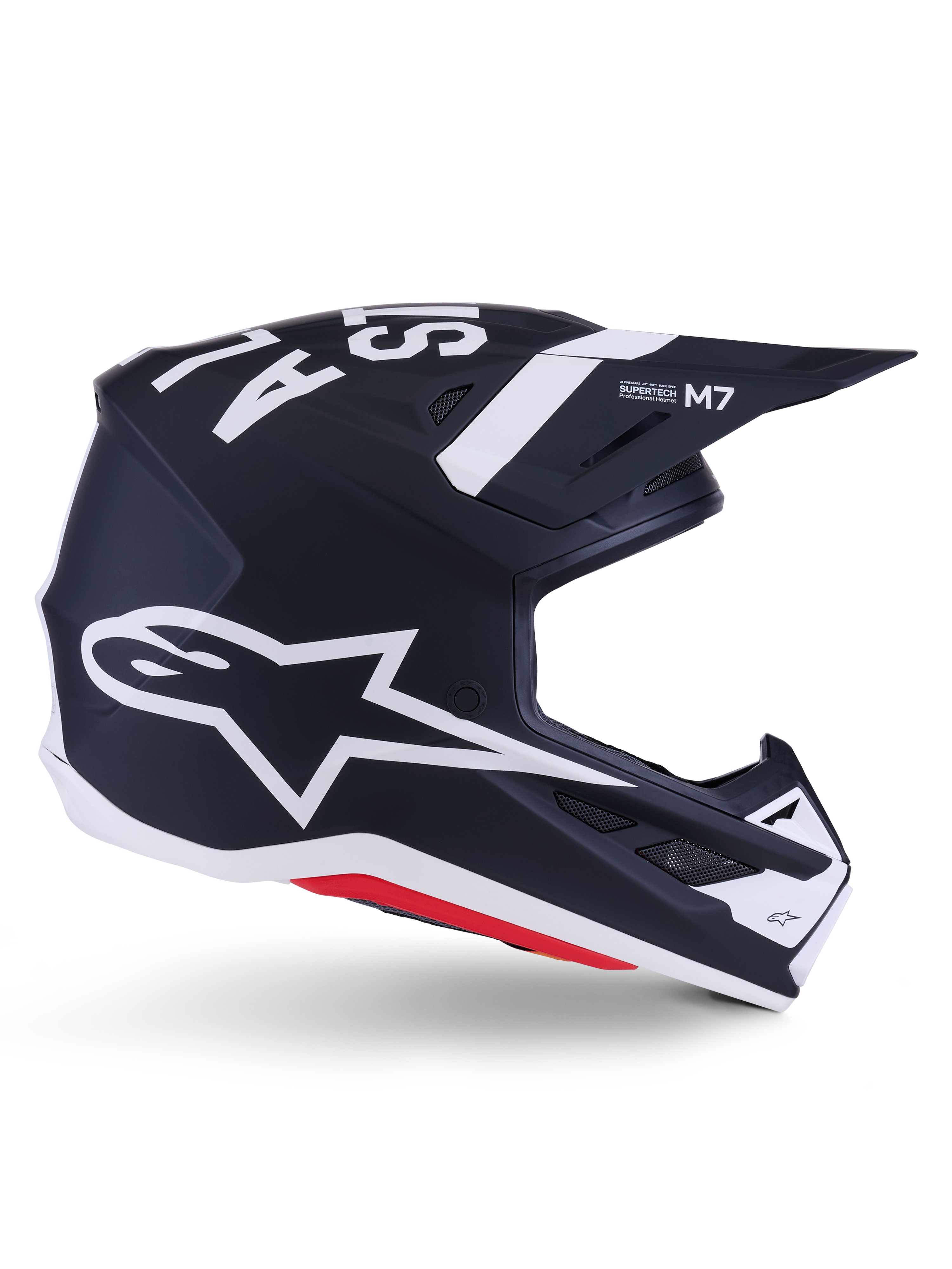 Alpinestars S-M7 Dasher-hjälm, motocrosshjälm, mattsvart med vita och röda accenter, stor vit Alpinestars-stjärnlogotyp på sidan, aerodynamiskt visir och ventilationsöppningar, ECE 22.06-certifierad för offroadracing