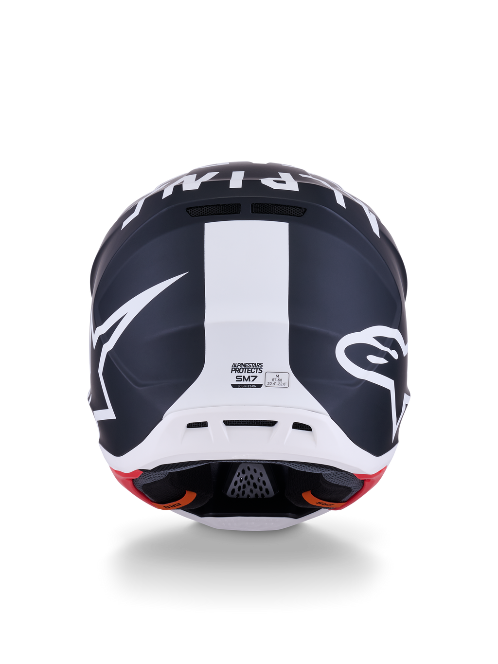 Alpinestars S-M7 Dasher-hjälm, motocrosshjälm, mattsvart och vit med röda detaljer, baksida med tydlig stjärnlogotyp och central vit rand, aerodynamisk design för terrängkörning
