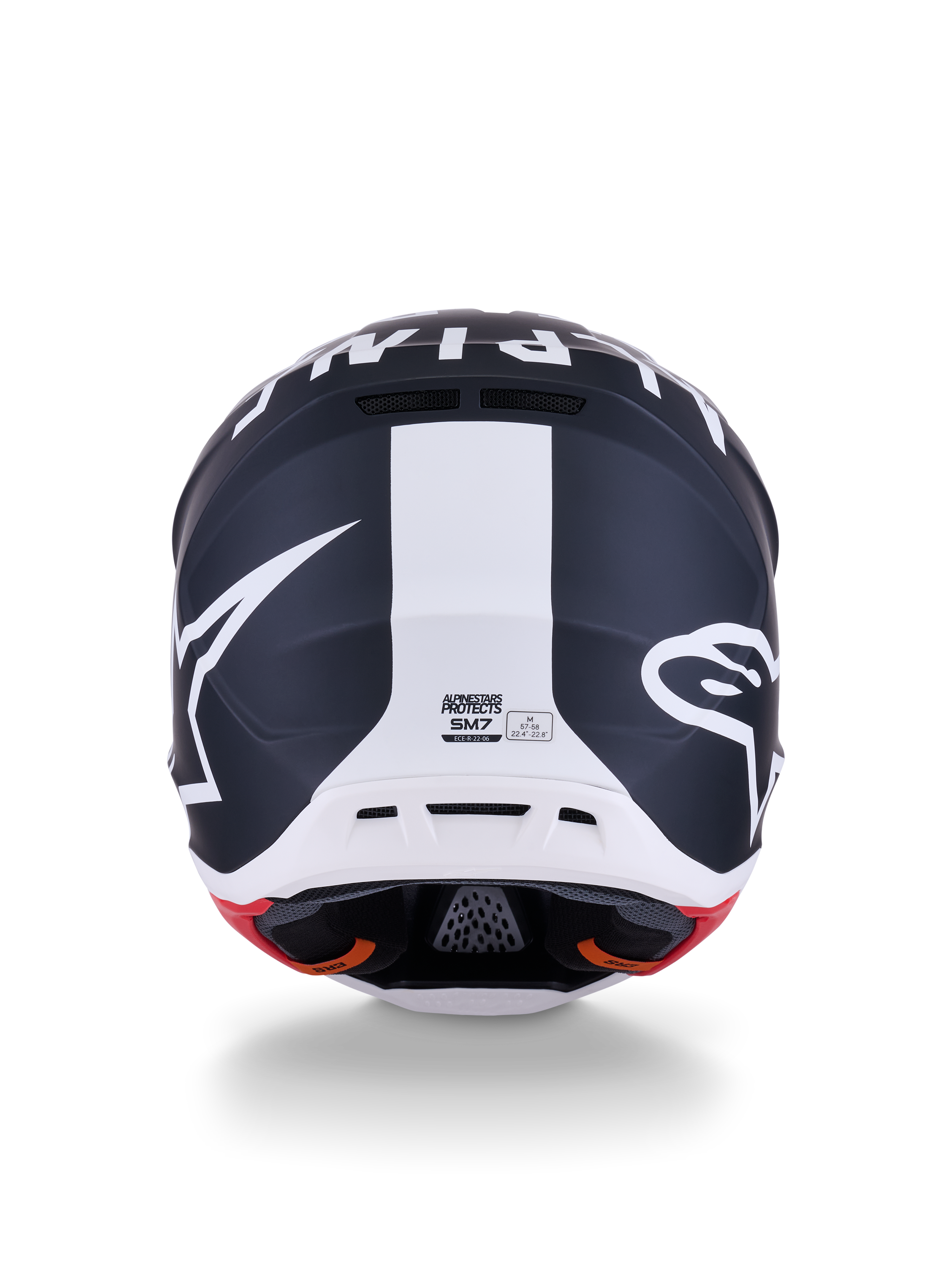 Alpinestars S-M7 Dasher-hjälm, motocrosshjälm, mattsvart och vit med röda detaljer, baksida med tydlig stjärnlogotyp och central vit rand, aerodynamisk design för terrängkörning